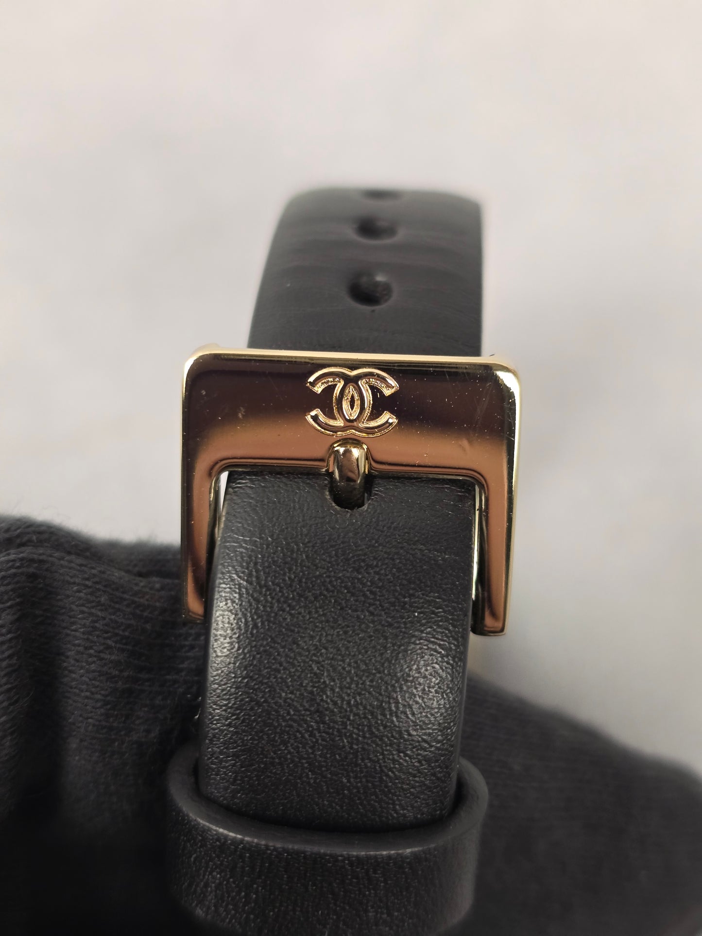 Chanel Black LeatherID Plate  Bracelet with Gold Hardware