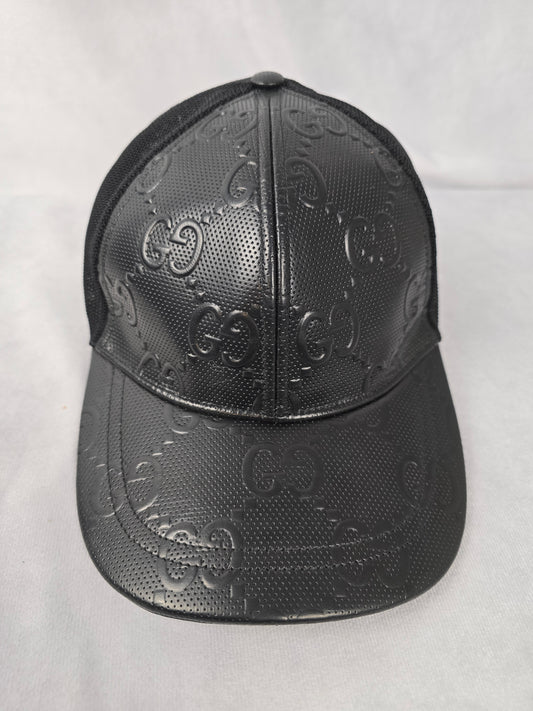 Gucci  Embossed Black Leather Baseball Cap Size XL