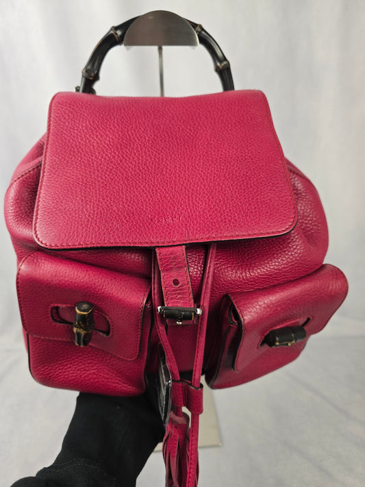 Gucci Bamboo Backpack in Raspberry Pebbled Leather
