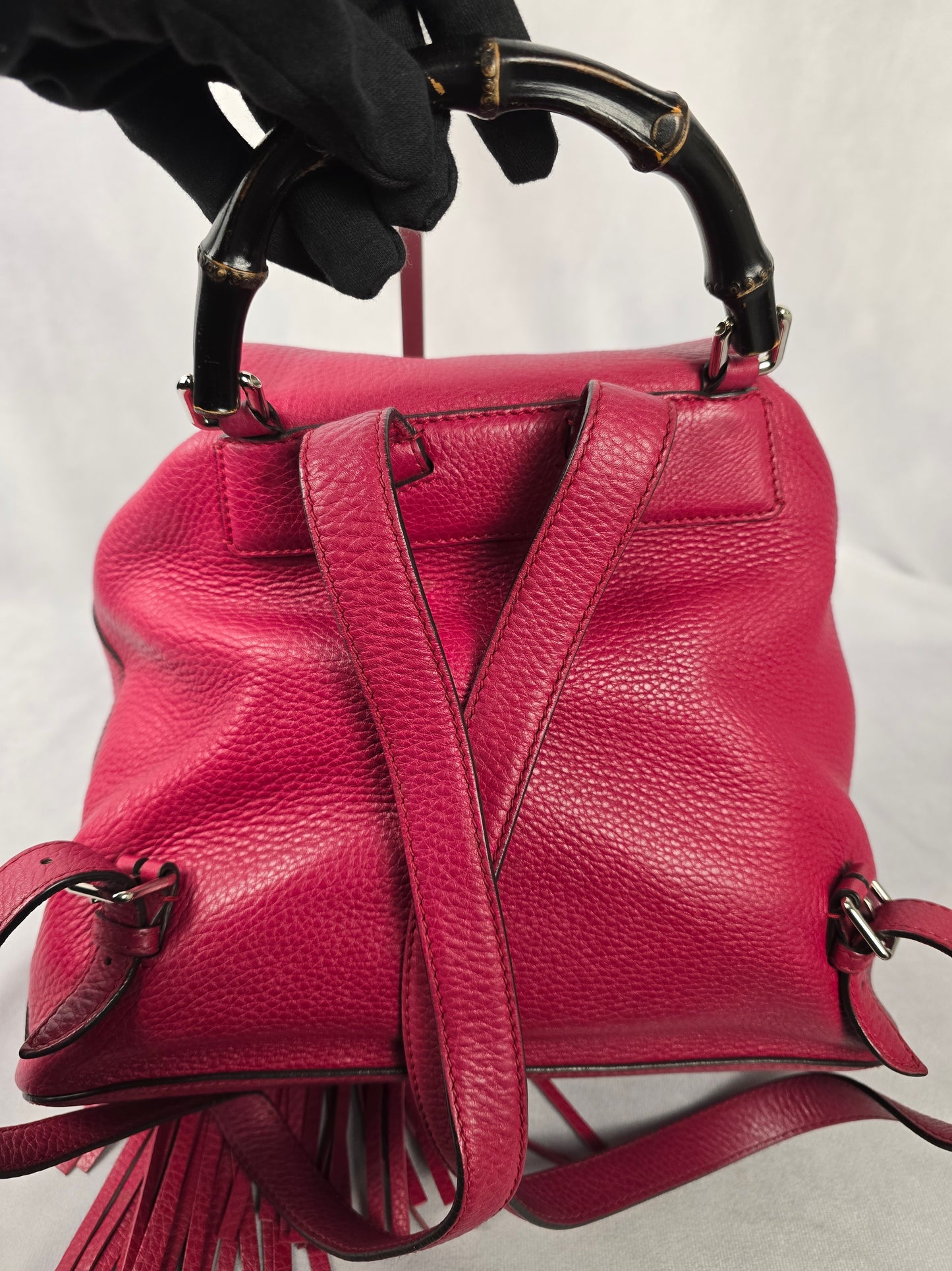 Gucci Bamboo Backpack in Raspberry Pebbled Leather