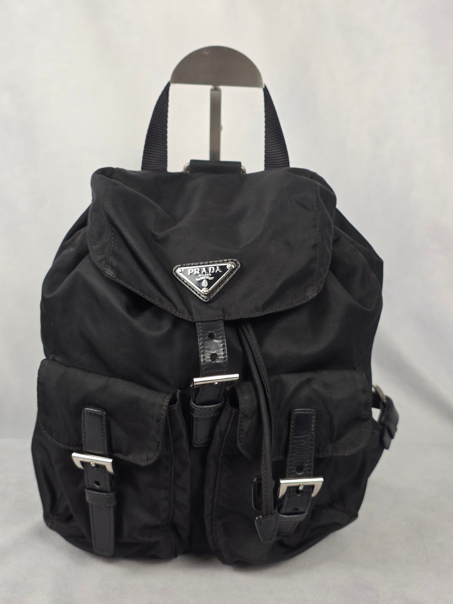 Prada Small Black Re-Nylon Backpack with Leather Trim