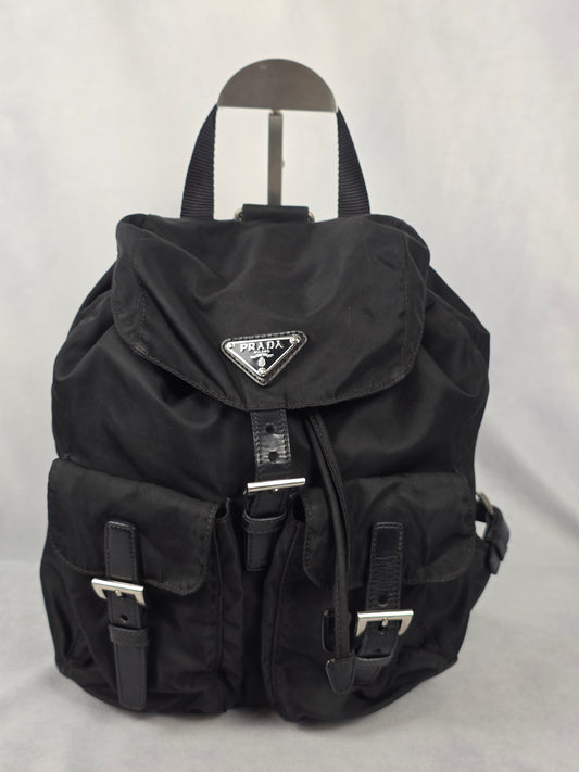 Prada Small Black Re-Nylon Backpack with Leather Trim
