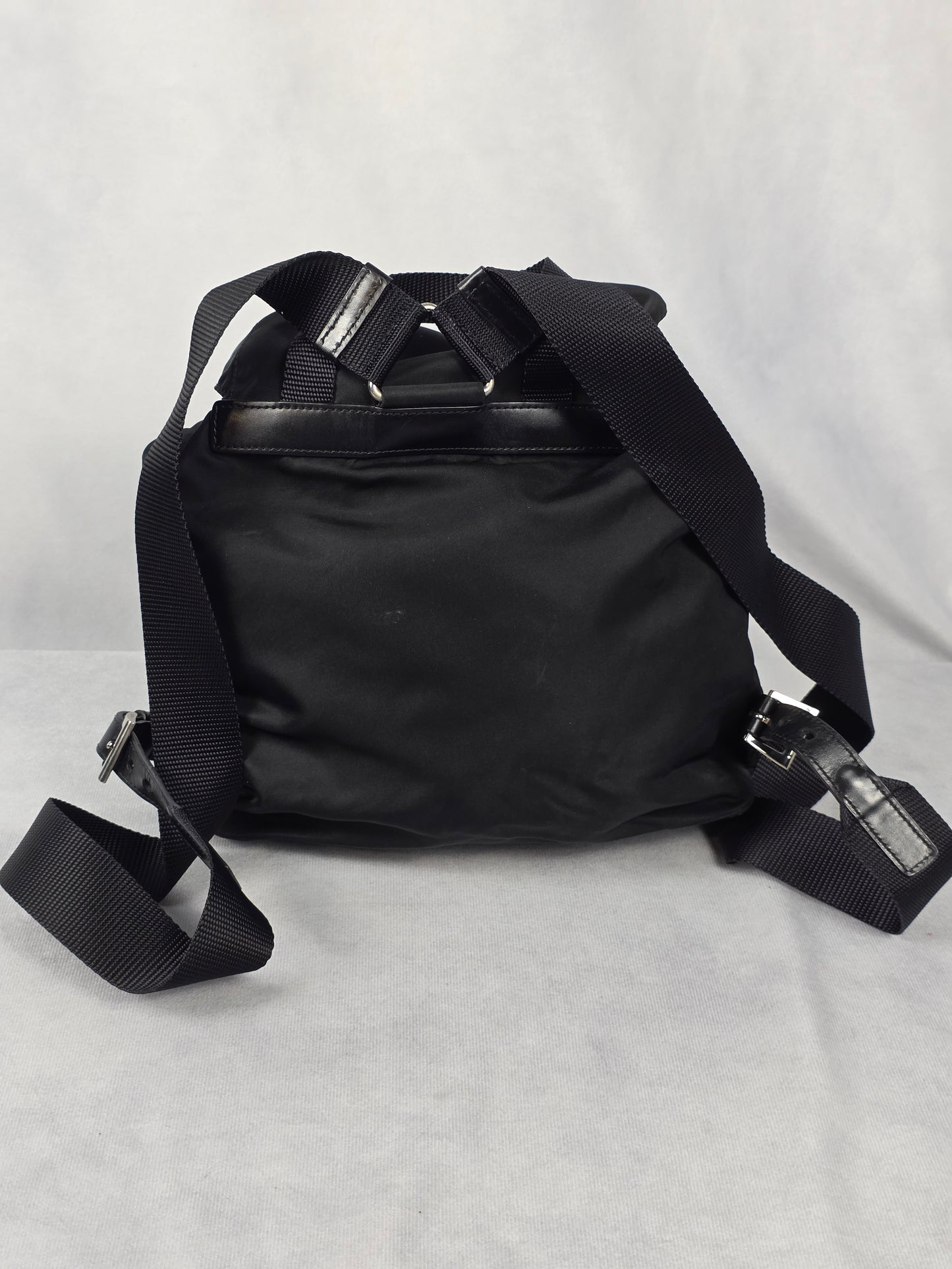 Prada Small Black Re-Nylon Backpack with Leather Trim