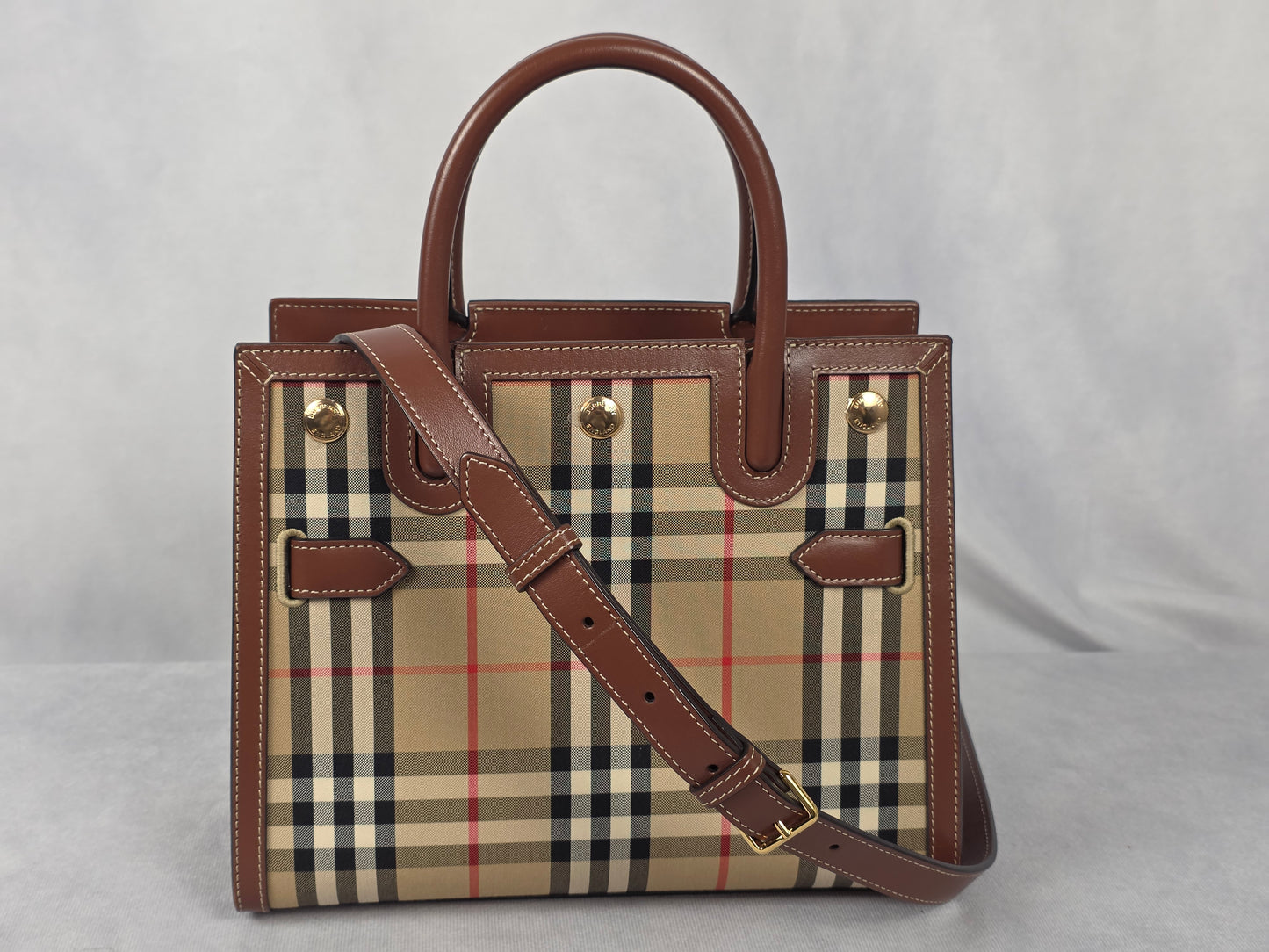 Burberry Title Two Handle Vintage Check Canvas and Leather Mini Tote Bag, LIKE NEW