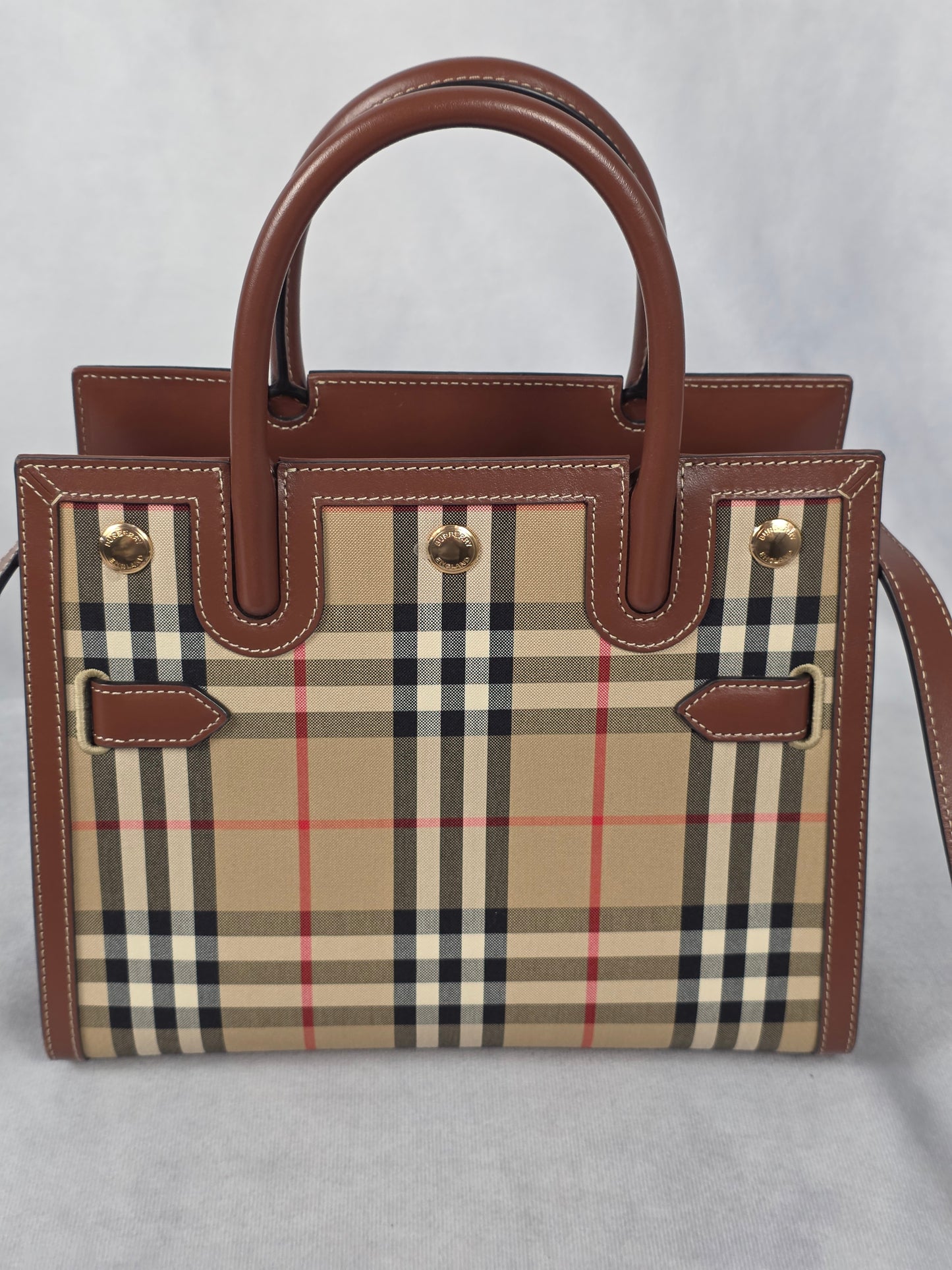 Burberry Title Two Handle Vintage Check Canvas and Leather Mini Tote Bag, LIKE NEW