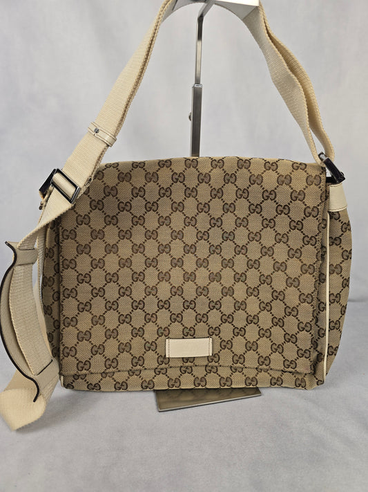 Gucci GG Brown Canvas Messenger Bag with Off White Leather Trim
