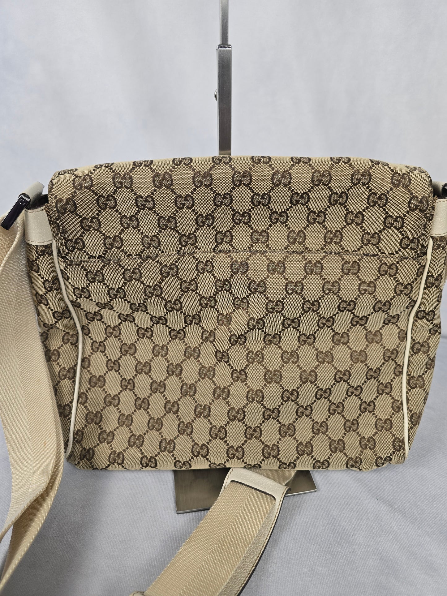 Gucci GG Brown Canvas Messenger Bag with Off White Leather Trim