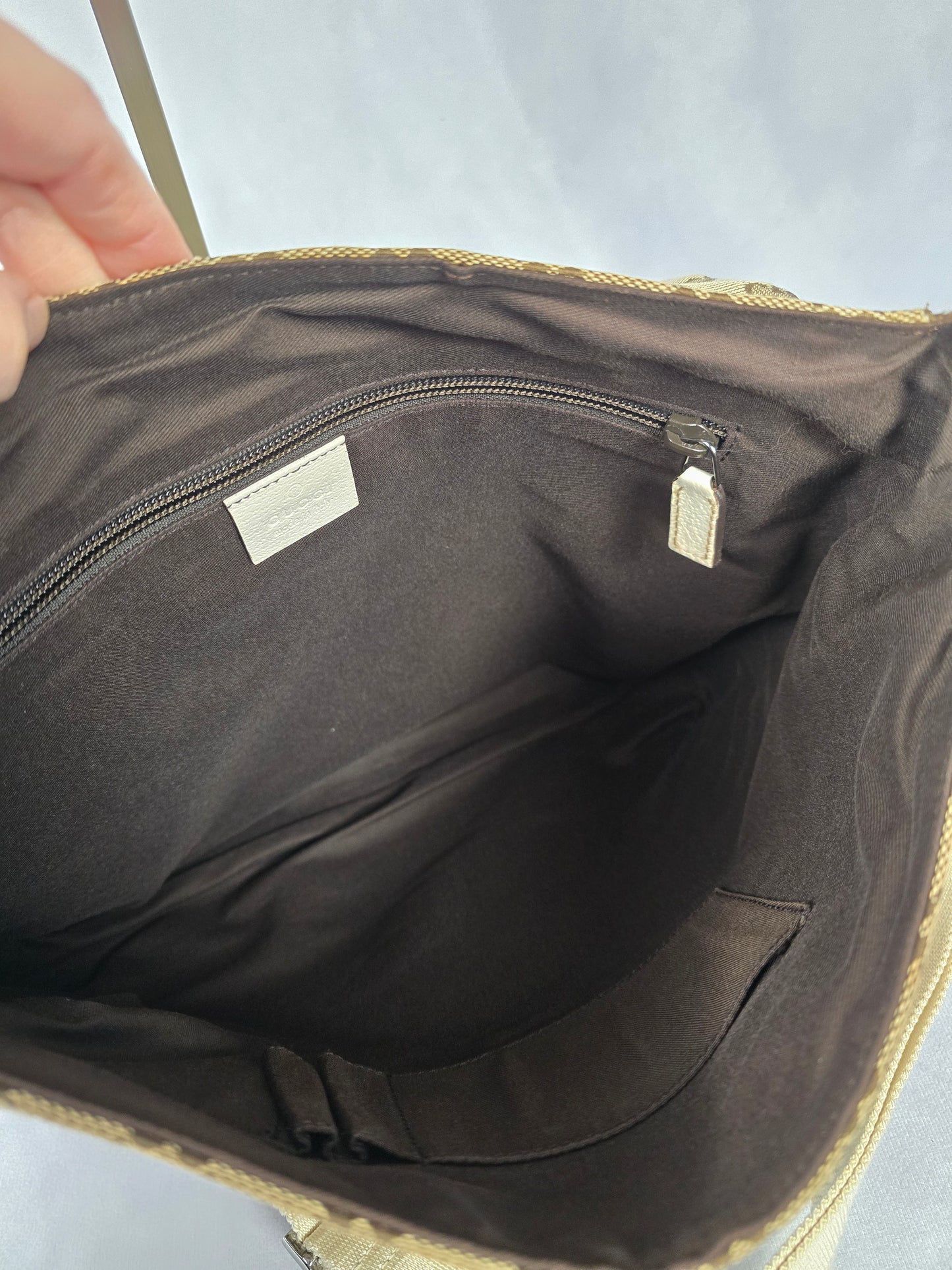 Gucci GG Brown Canvas Messenger Bag with Off White Leather Trim
