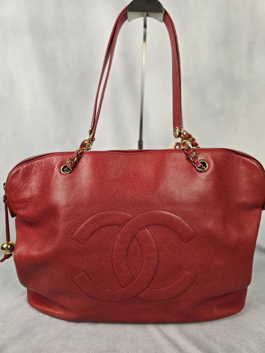 Chanel CC Large Dome Tote in Red Caviar Leather