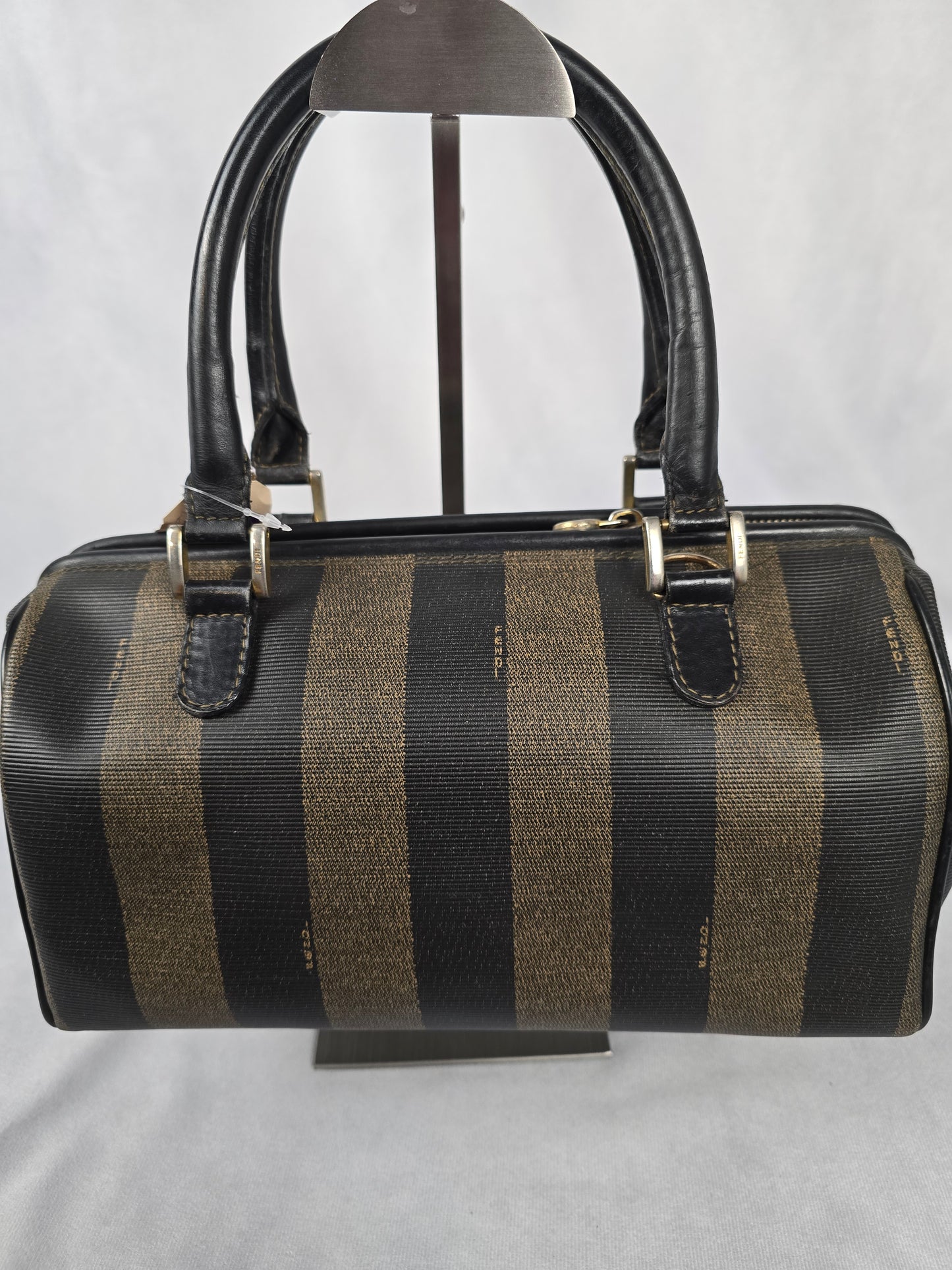 Fendi Pequin Black and Brown Striped Boston Bag