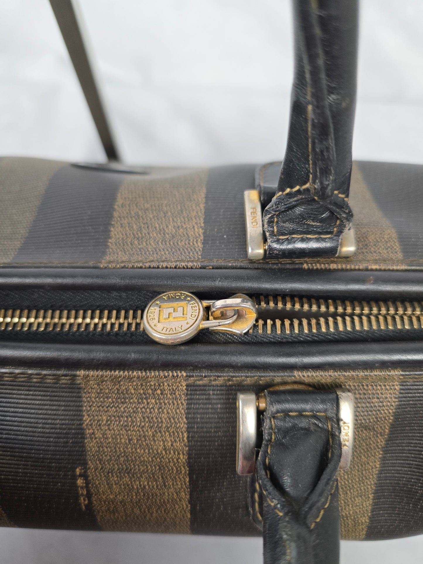 Fendi Pequin Black and Brown Striped Boston Bag