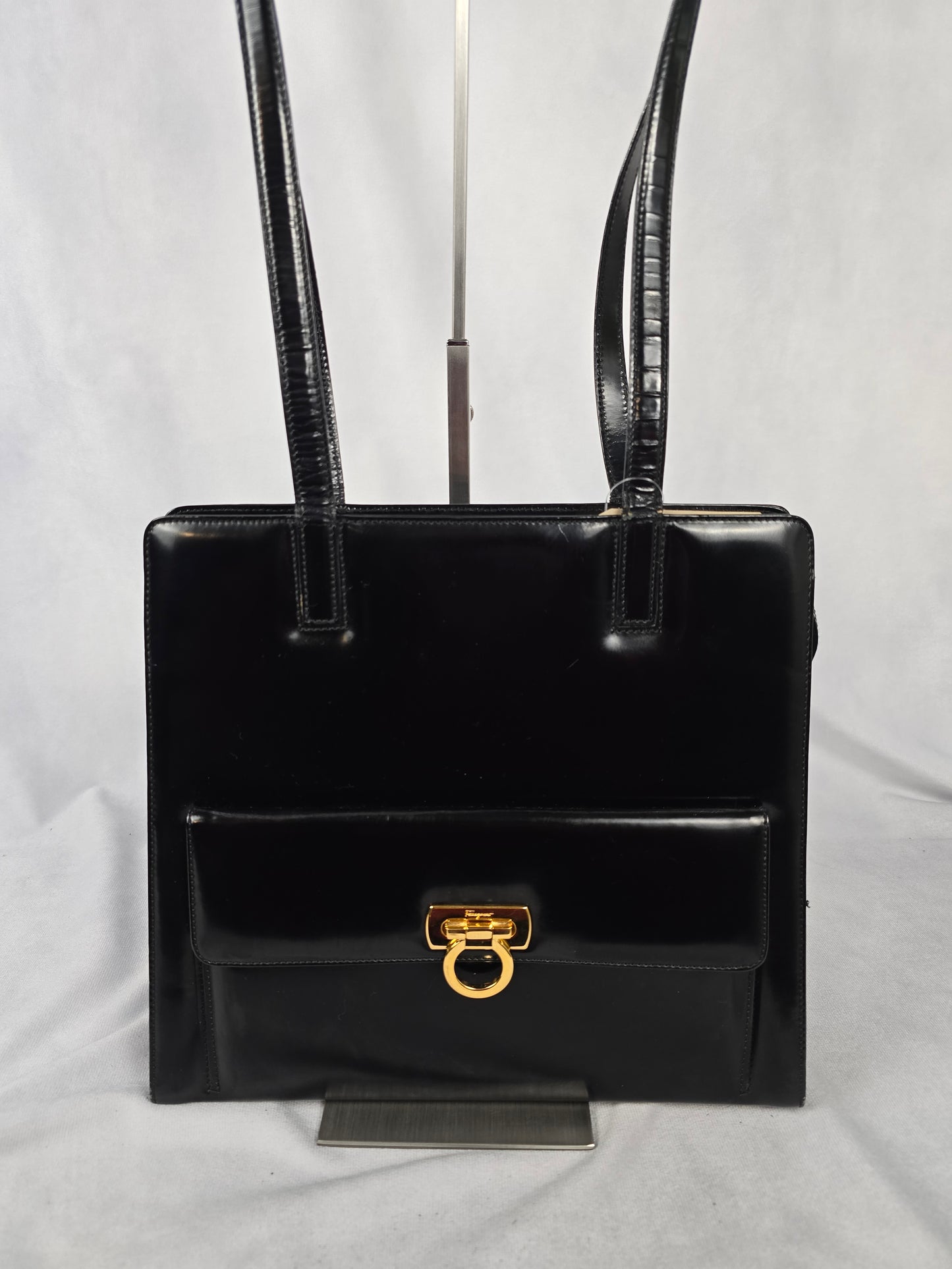 Ferragamo Gancini Black Patent Leather Shoulder Bag
