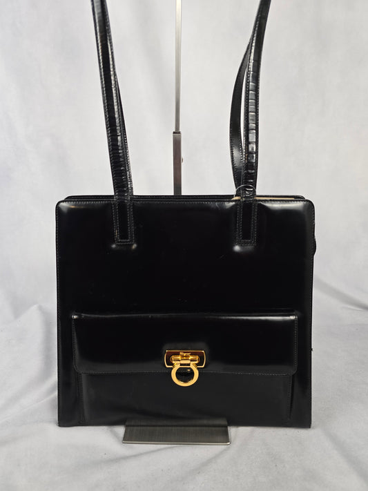 Ferragamo Gancini Black Patent Leather Shoulder Bag