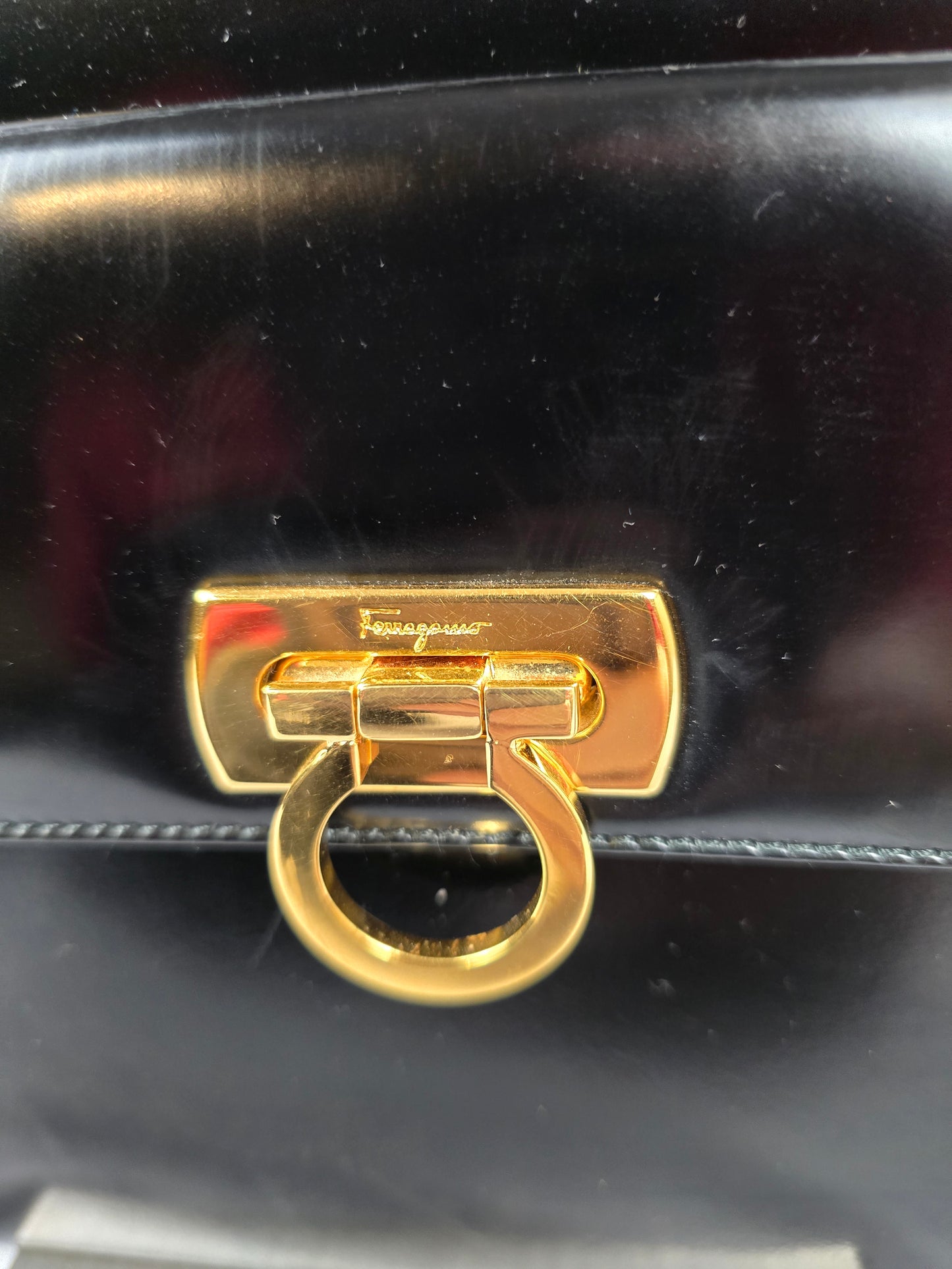 Ferragamo Gancini Black Patent Leather Shoulder Bag