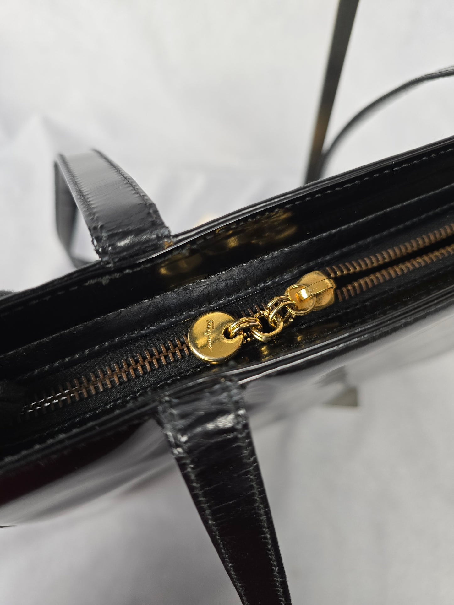 Ferragamo Gancini Black Patent Leather Shoulder Bag