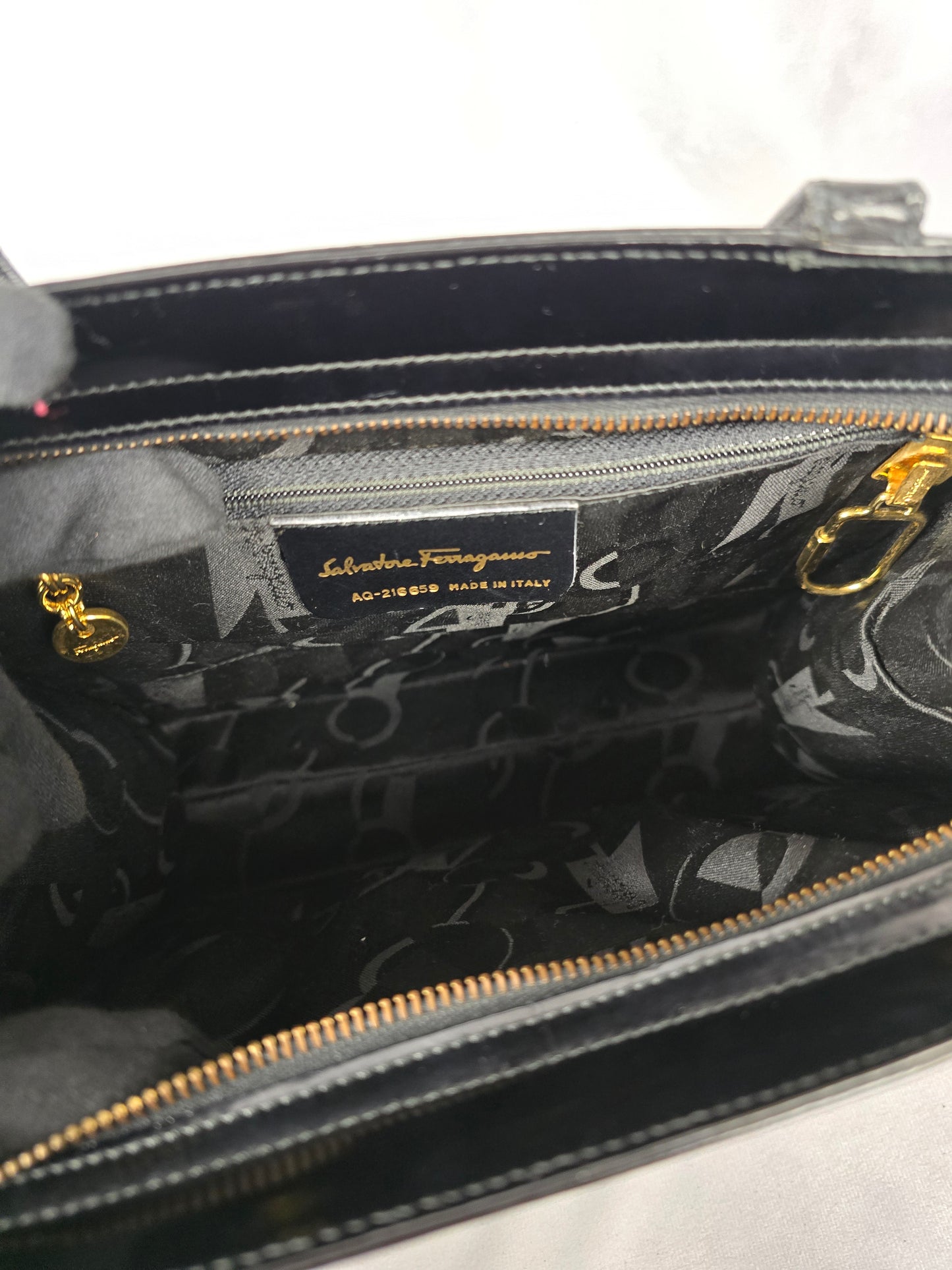 Ferragamo Gancini Black Patent Leather Shoulder Bag