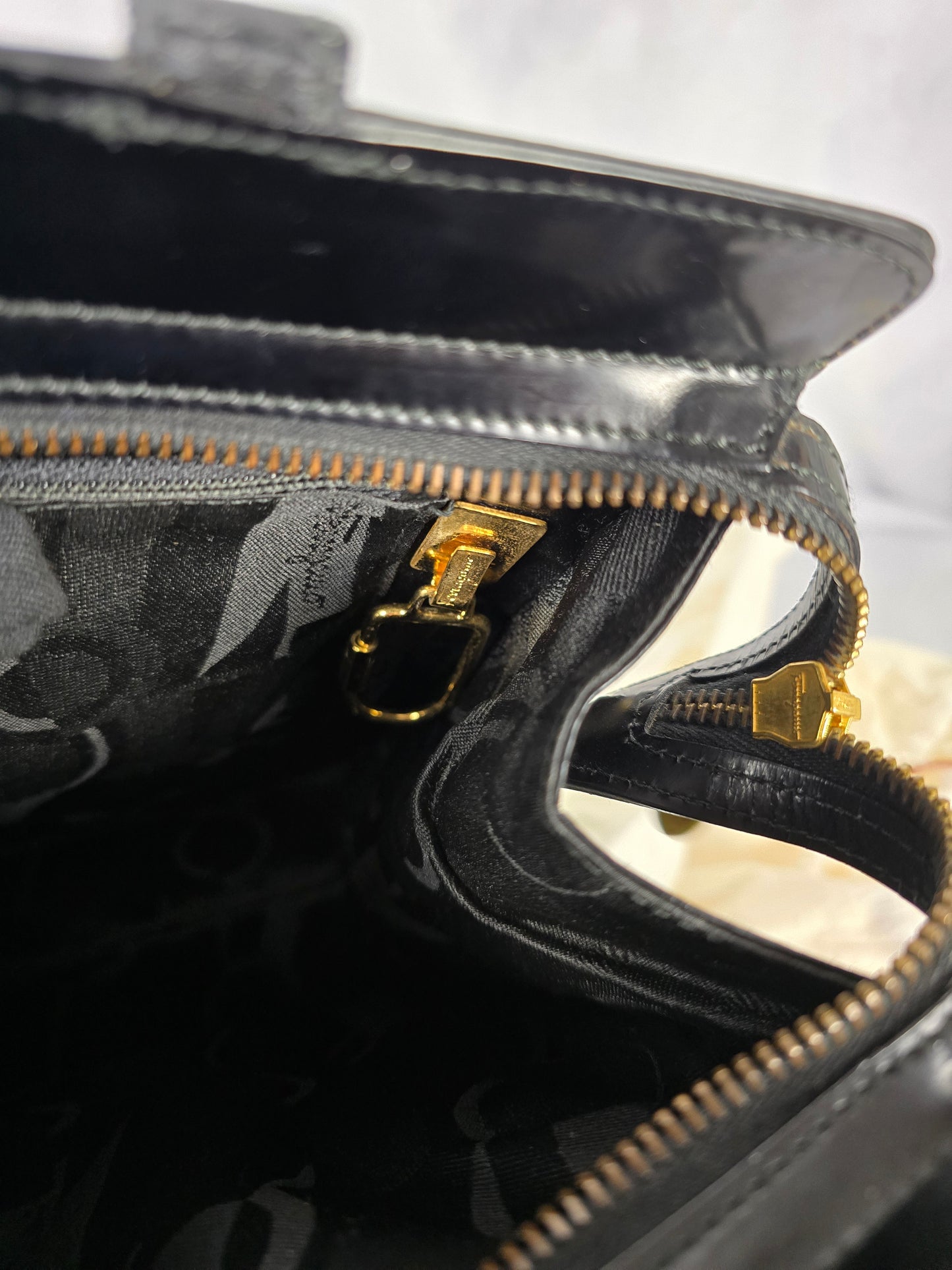 Ferragamo Gancini Black Patent Leather Shoulder Bag