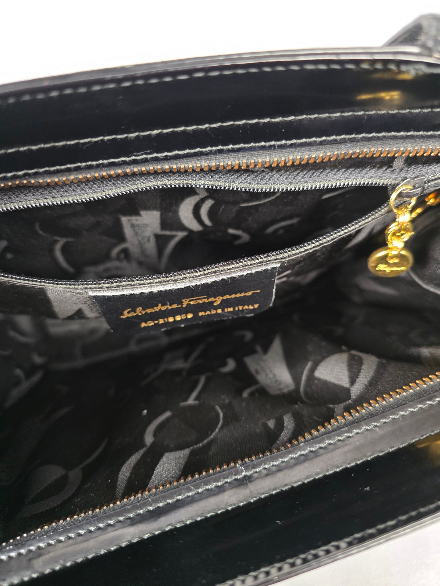 Ferragamo Gancini Black Patent Leather Shoulder Bag