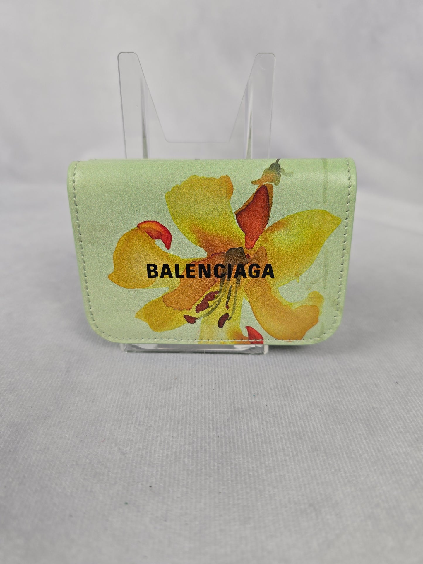 Balenciaga Cash Mini Wallet Lillies Print in Green Calfskin NWT