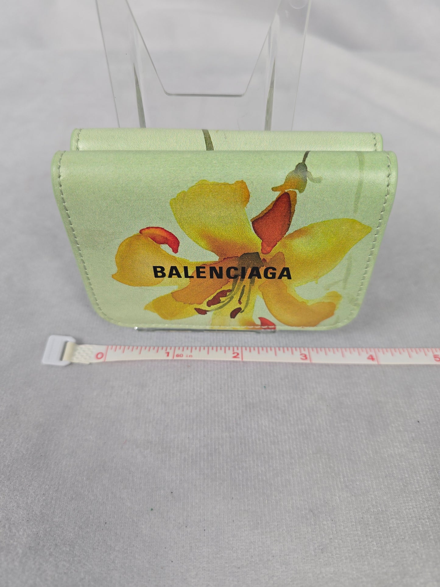 Balenciaga Cash Mini Wallet Lillies Print in Green Calfskin NWT
