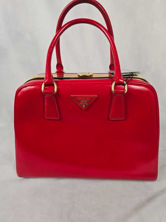 Prada Red Saffiano Vernice Pyramid Frame Top Handle Bag