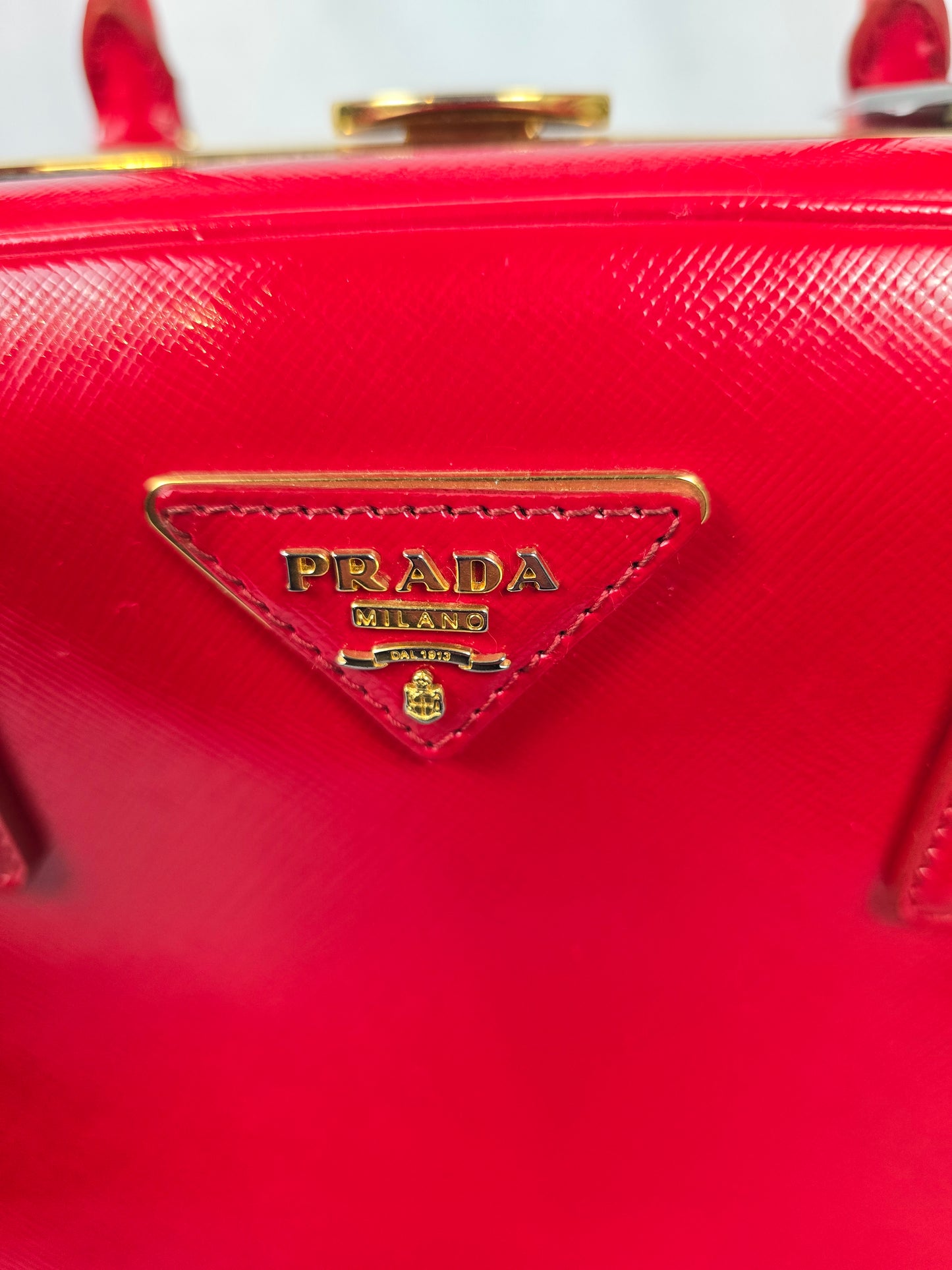 Prada Red Saffiano Vernice Pyramid Frame Top Handle Bag