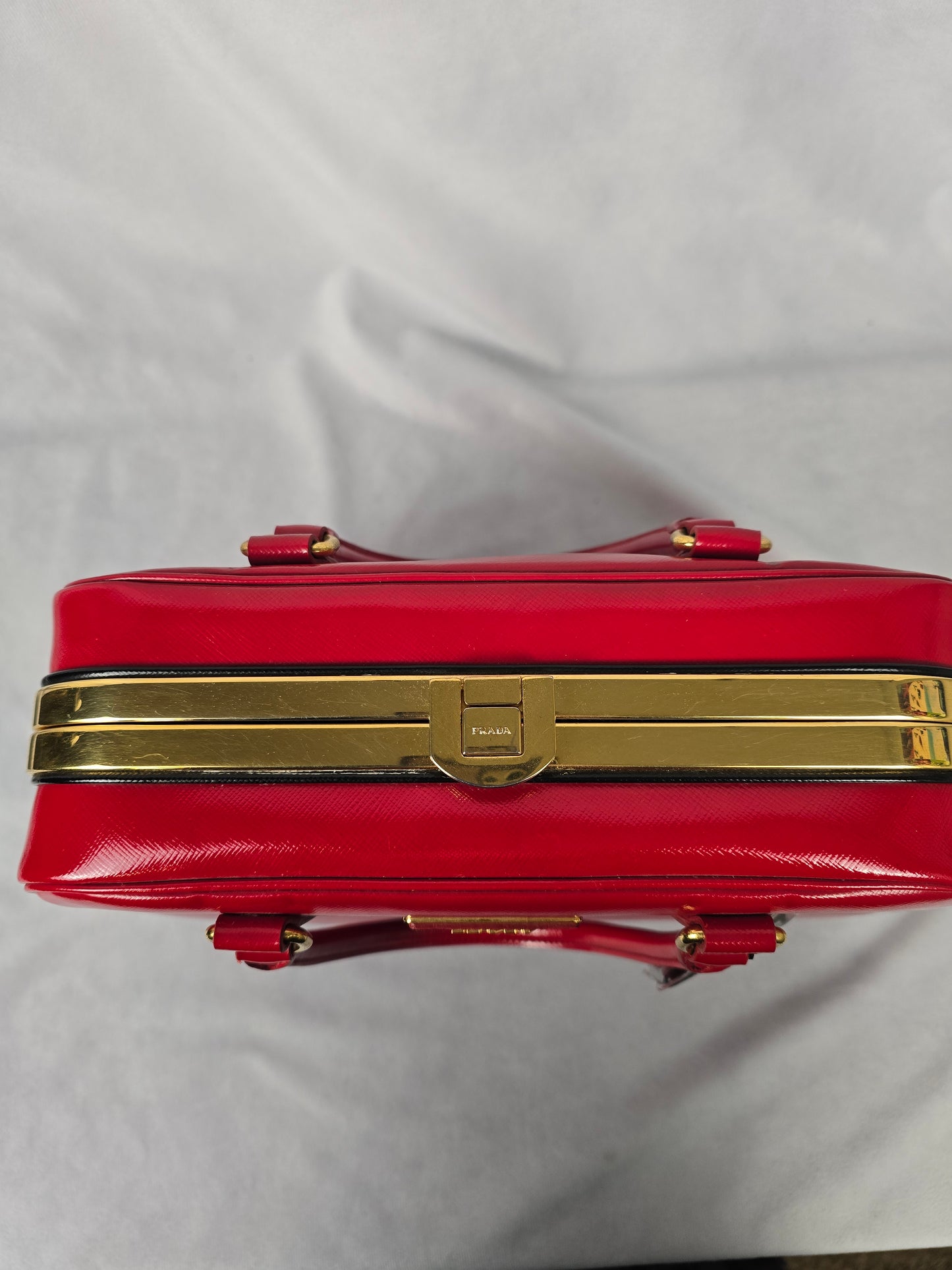 Prada Red Saffiano Vernice Pyramid Frame Top Handle Bag