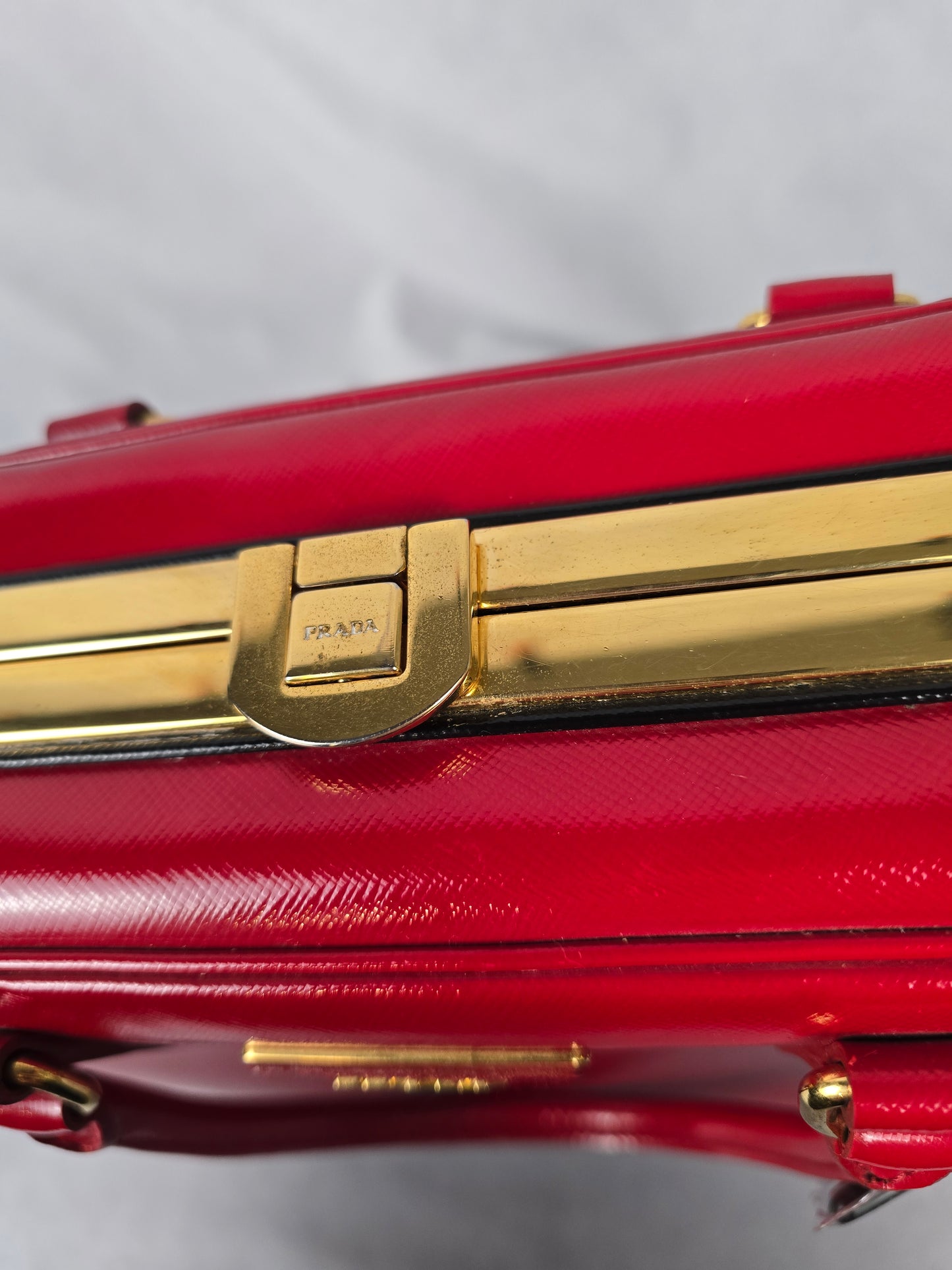 Prada Red Saffiano Vernice Pyramid Frame Top Handle Bag