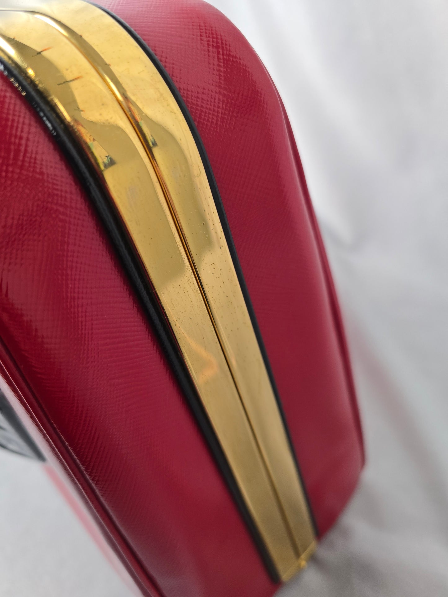 Prada Red Saffiano Vernice Pyramid Frame Top Handle Bag
