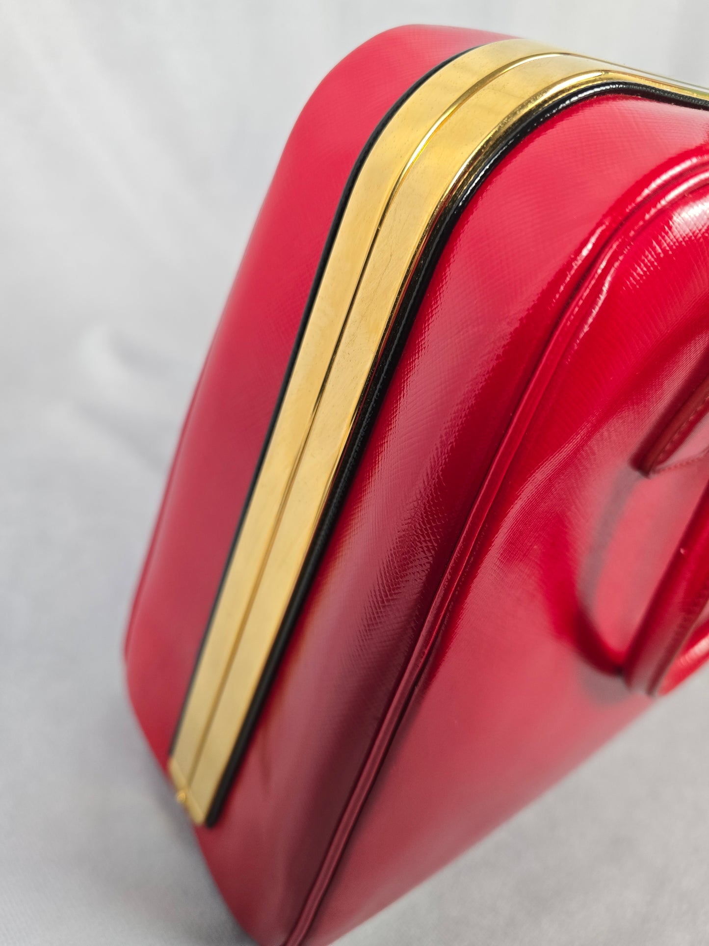 Prada Red Saffiano Vernice Pyramid Frame Top Handle Bag
