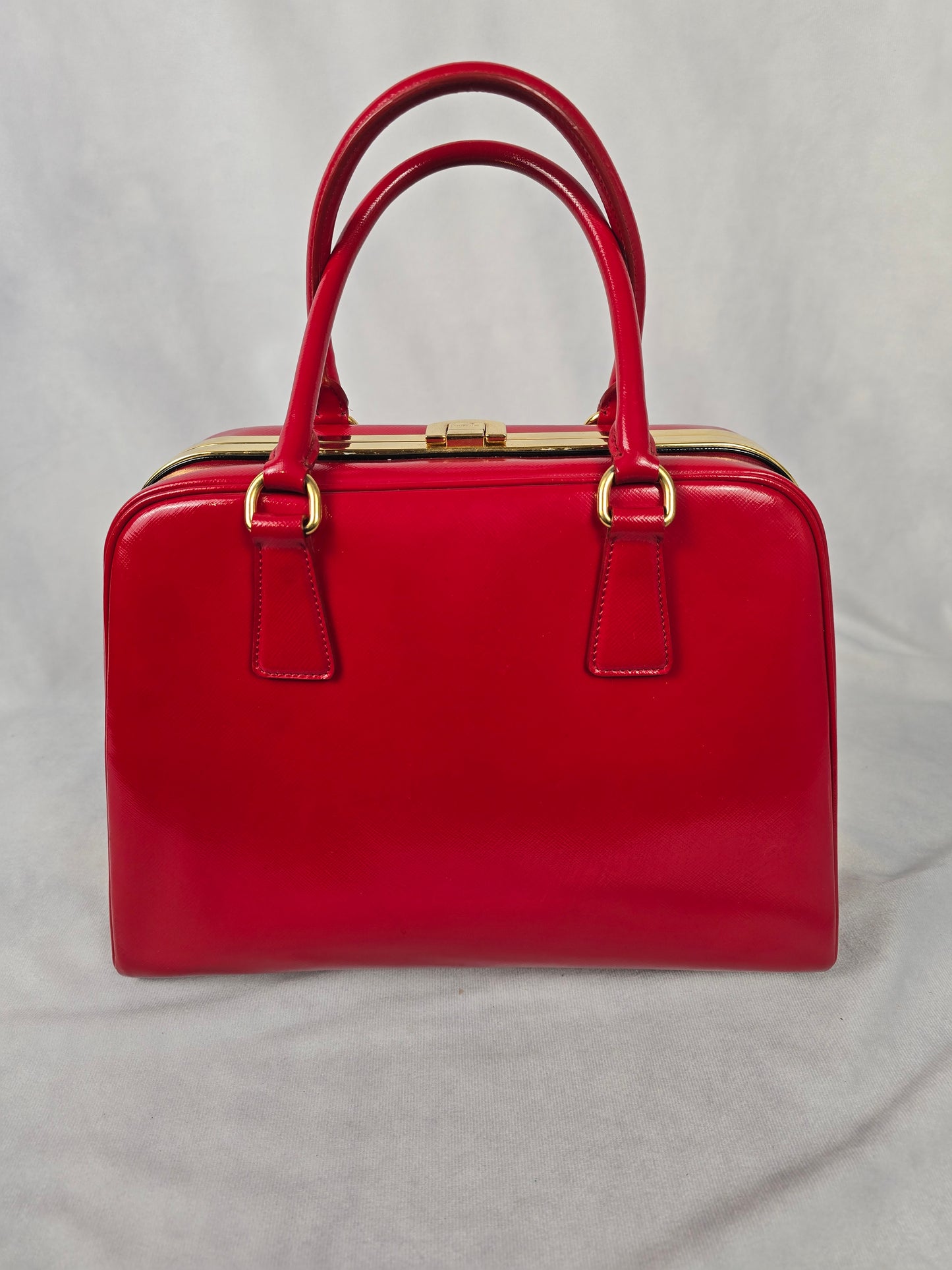 Prada Red Saffiano Vernice Pyramid Frame Top Handle Bag