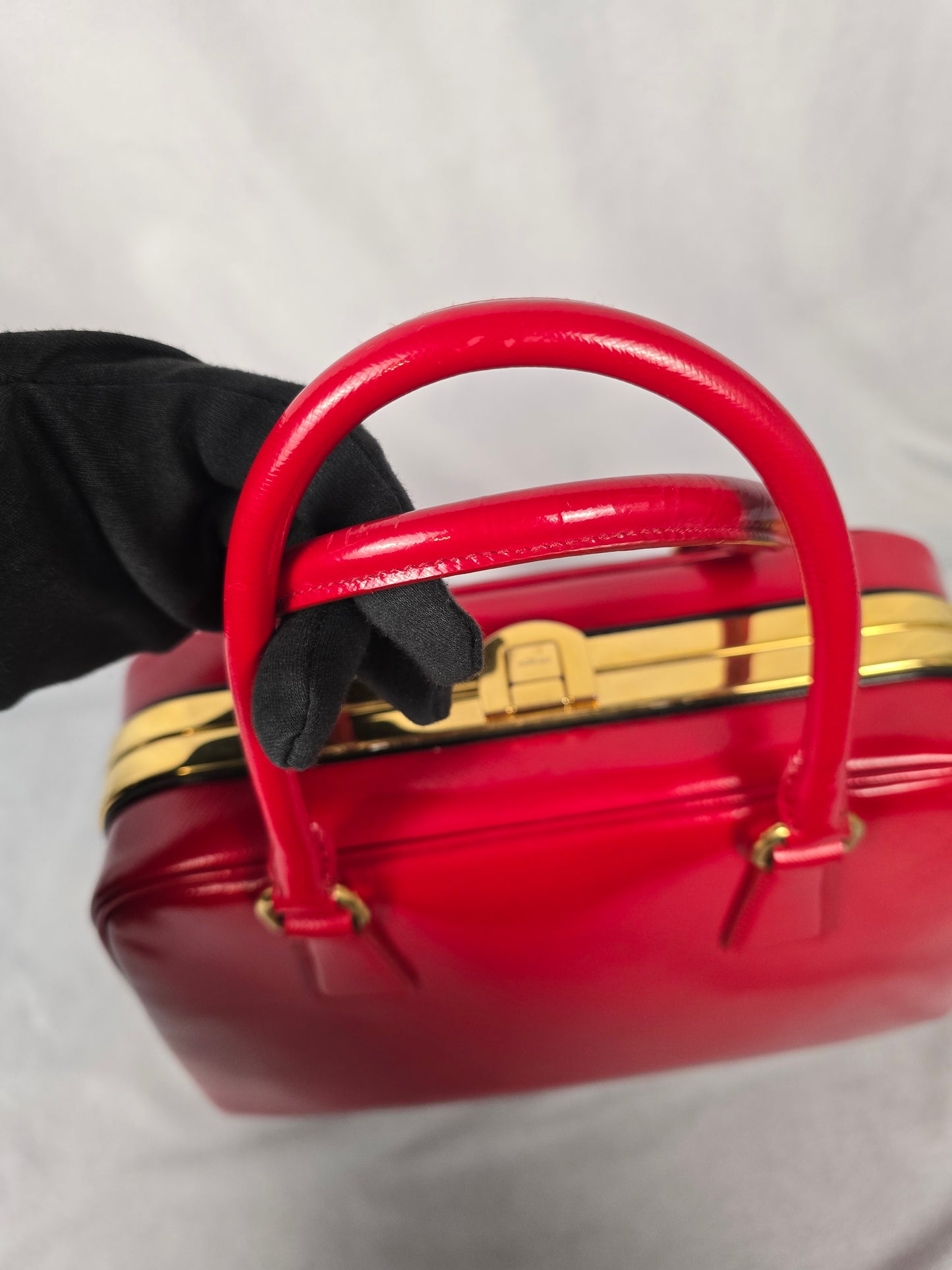 Prada Red Saffiano Vernice Pyramid Frame Top Handle Bag