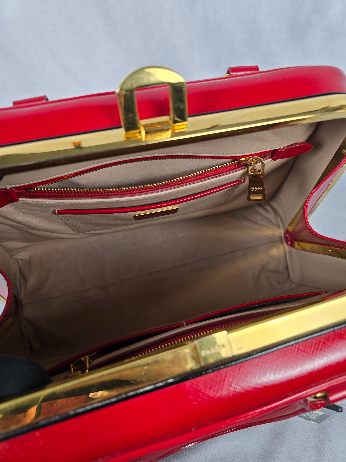 Prada Red Saffiano Vernice Pyramid Frame Top Handle Bag