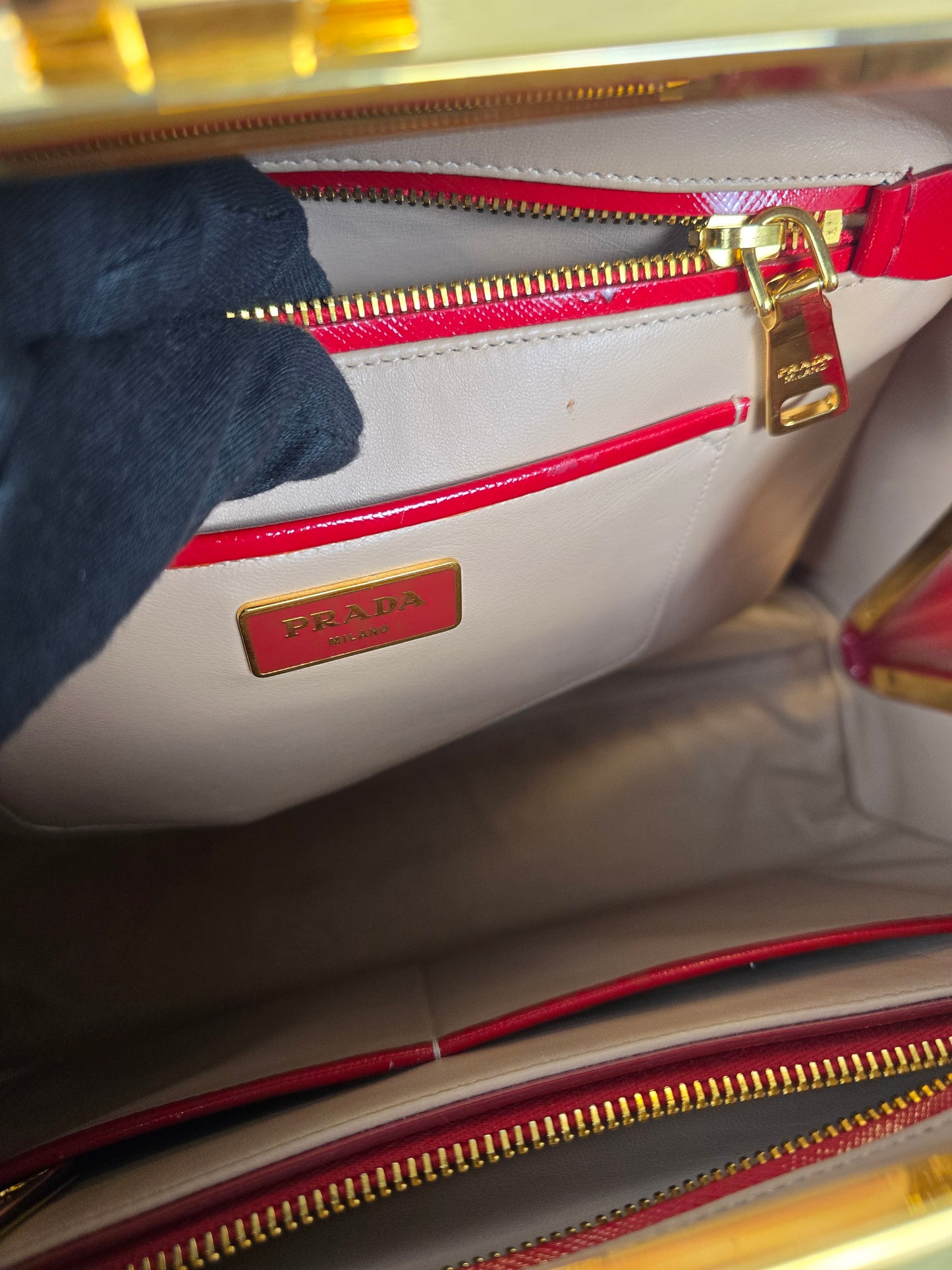Prada Red Saffiano Vernice Pyramid Frame Top Handle Bag