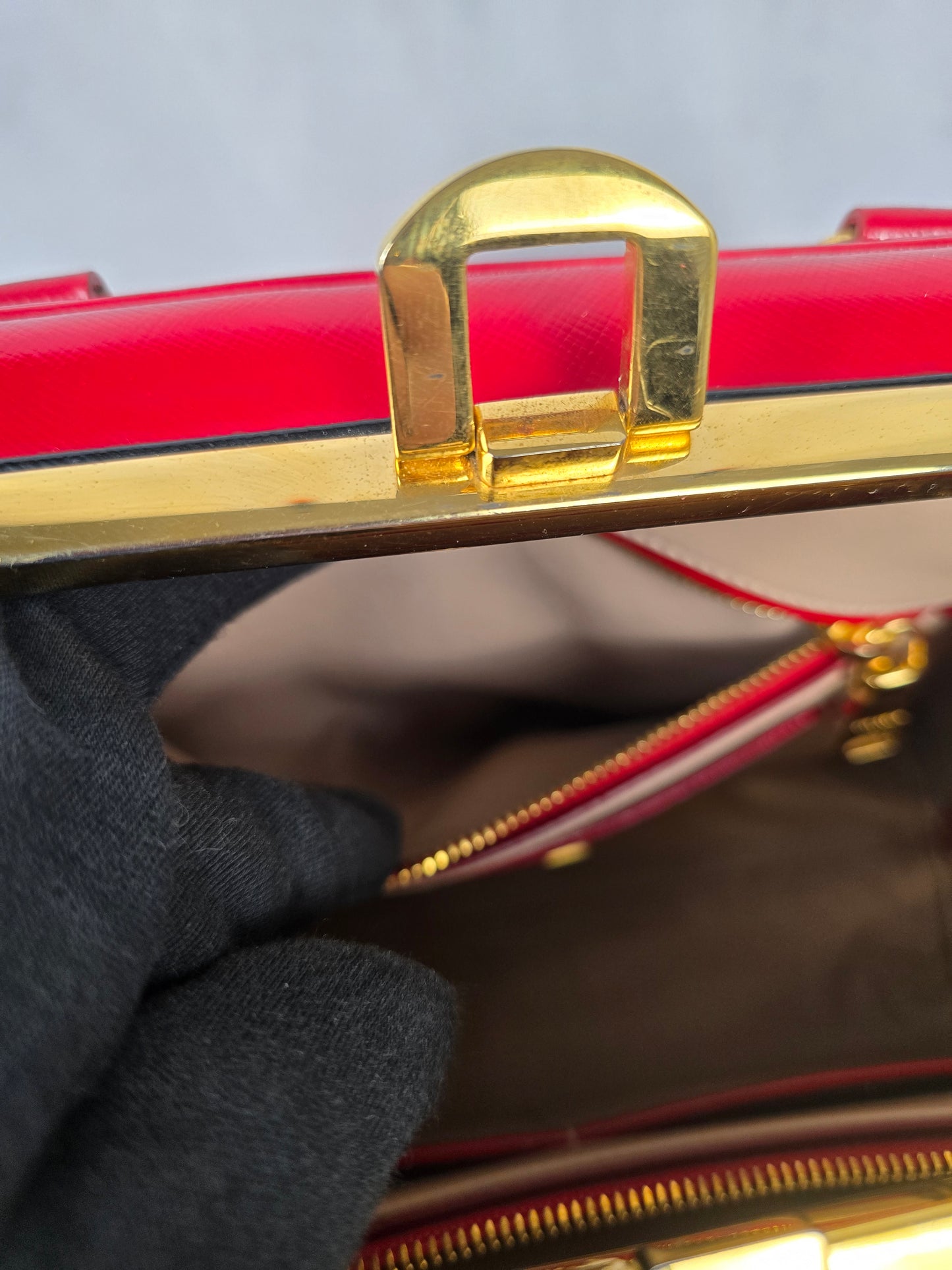 Prada Red Saffiano Vernice Pyramid Frame Top Handle Bag