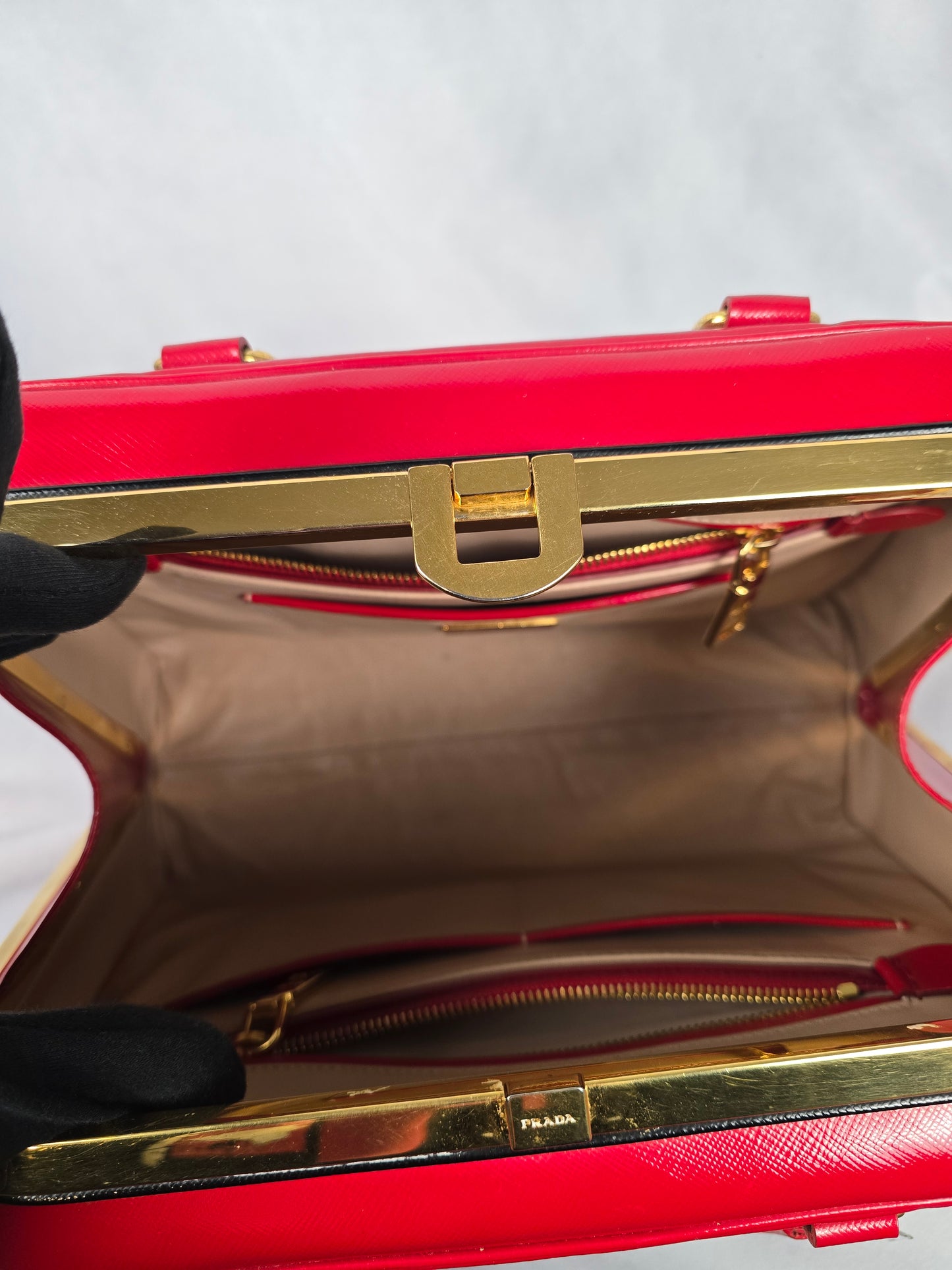 Prada Red Saffiano Vernice Pyramid Frame Top Handle Bag