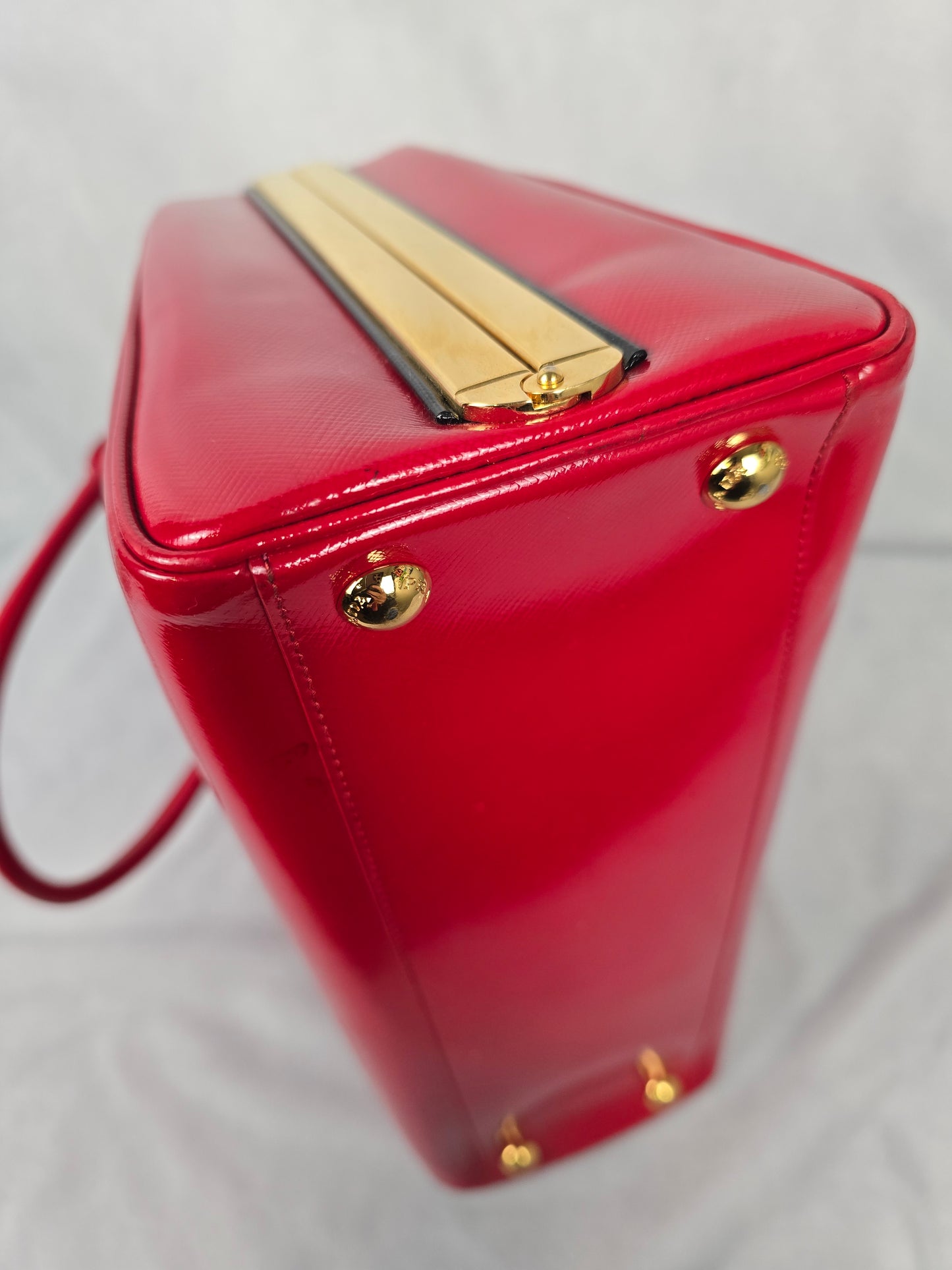 Prada Red Saffiano Vernice Pyramid Frame Top Handle Bag