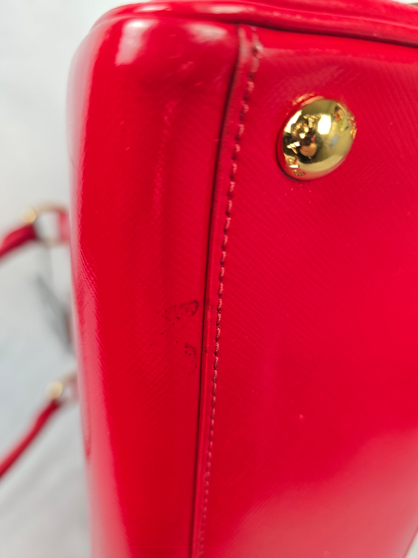 Prada Red Saffiano Vernice Pyramid Frame Top Handle Bag