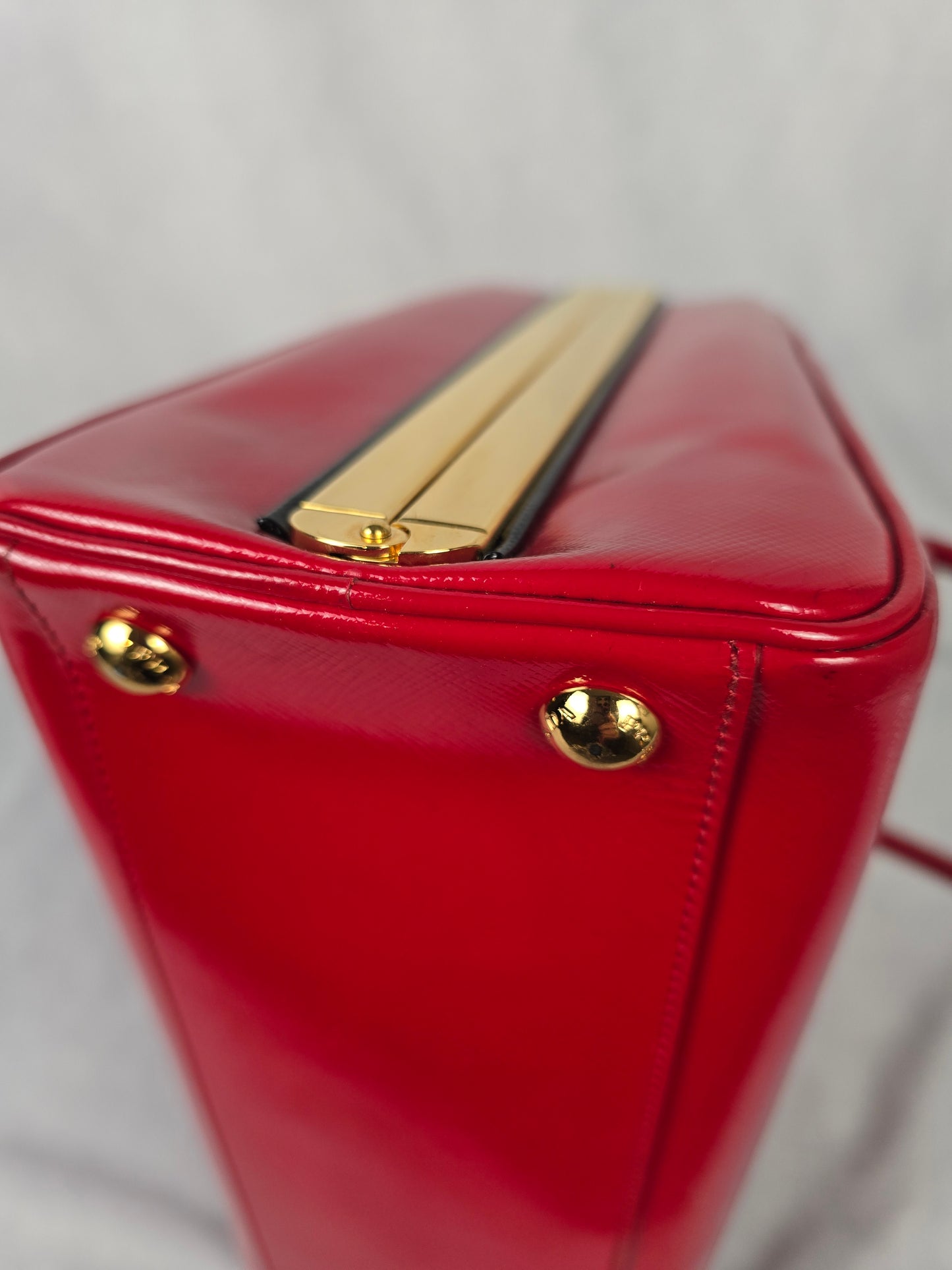 Prada Red Saffiano Vernice Pyramid Frame Top Handle Bag