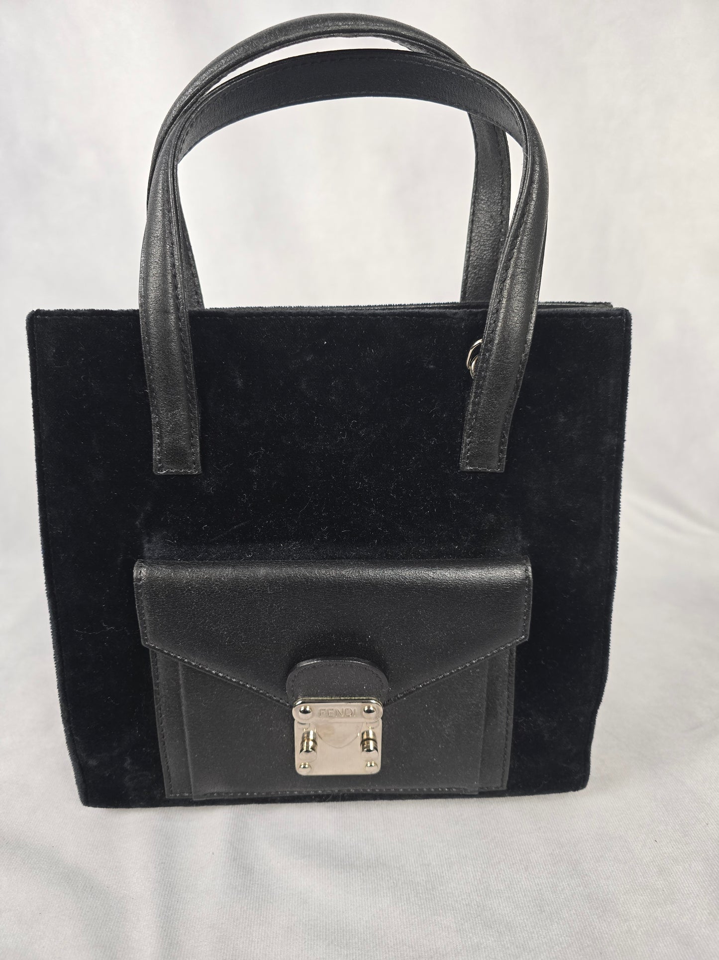 Fendi Vintage Black Velour and Leather Tote