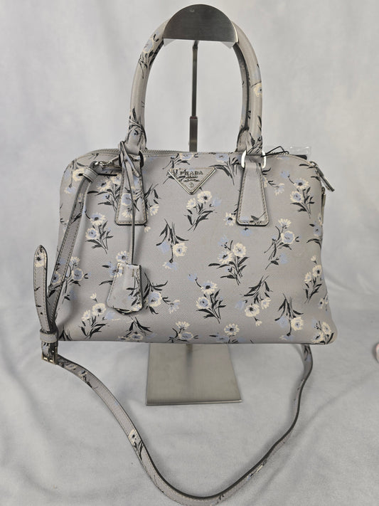 Prada Galleria Saffiano Soft  Leather Gray Floral Two-Way Hanbag
