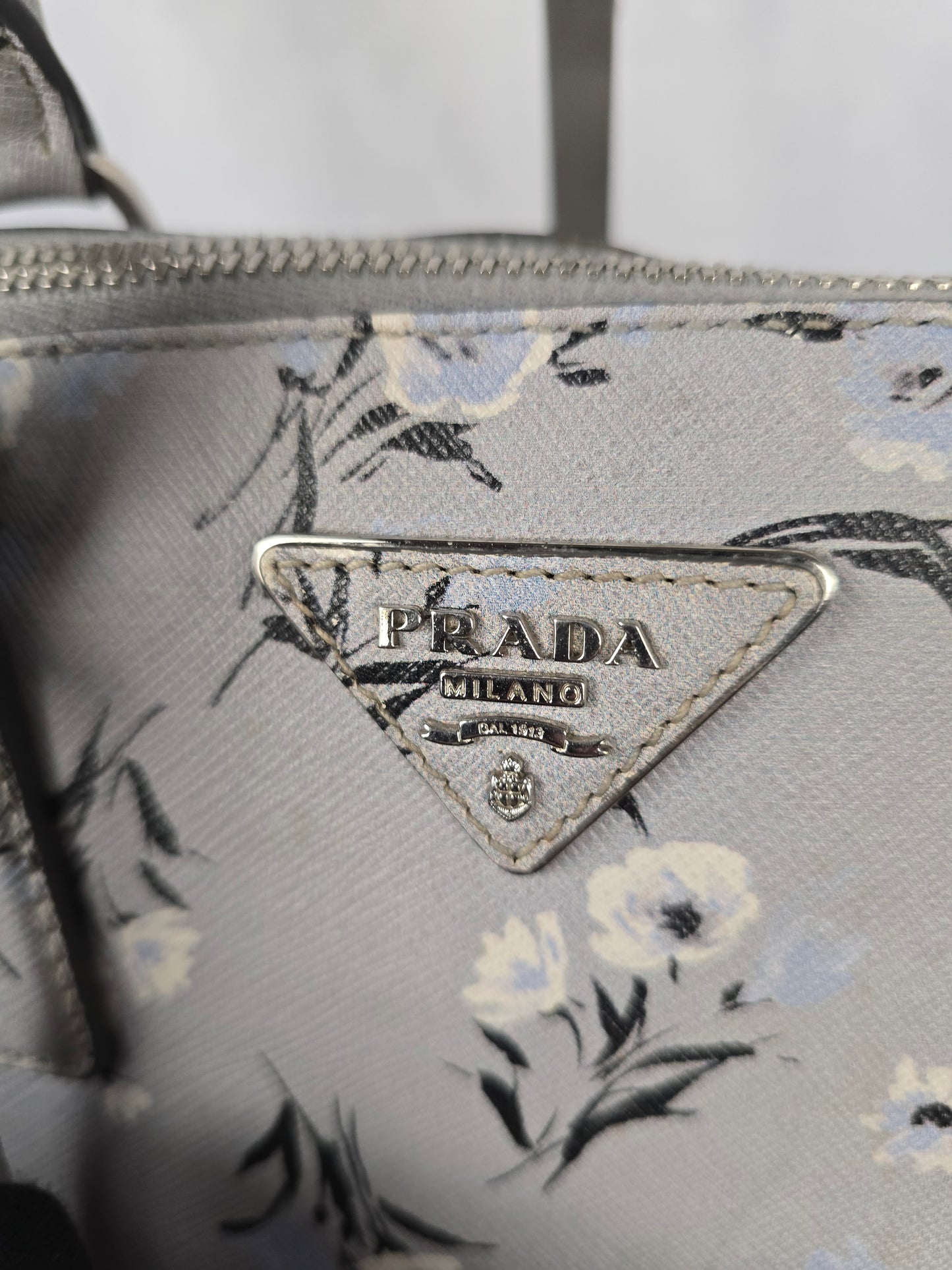 Prada Galleria Saffiano Soft  Leather Gray Floral Two-Way Hanbag