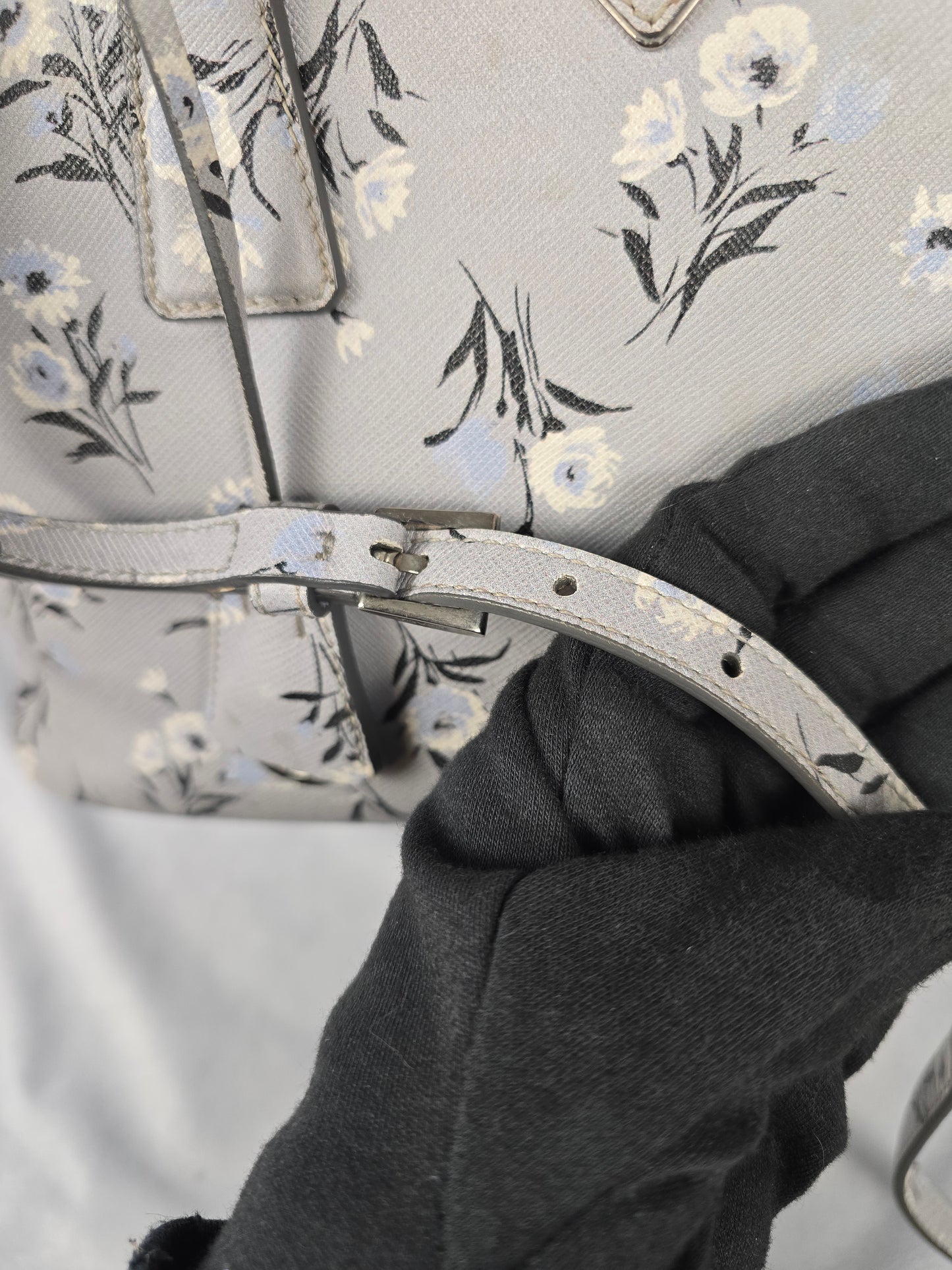 Prada Galleria Saffiano Soft  Leather Gray Floral Two-Way Hanbag