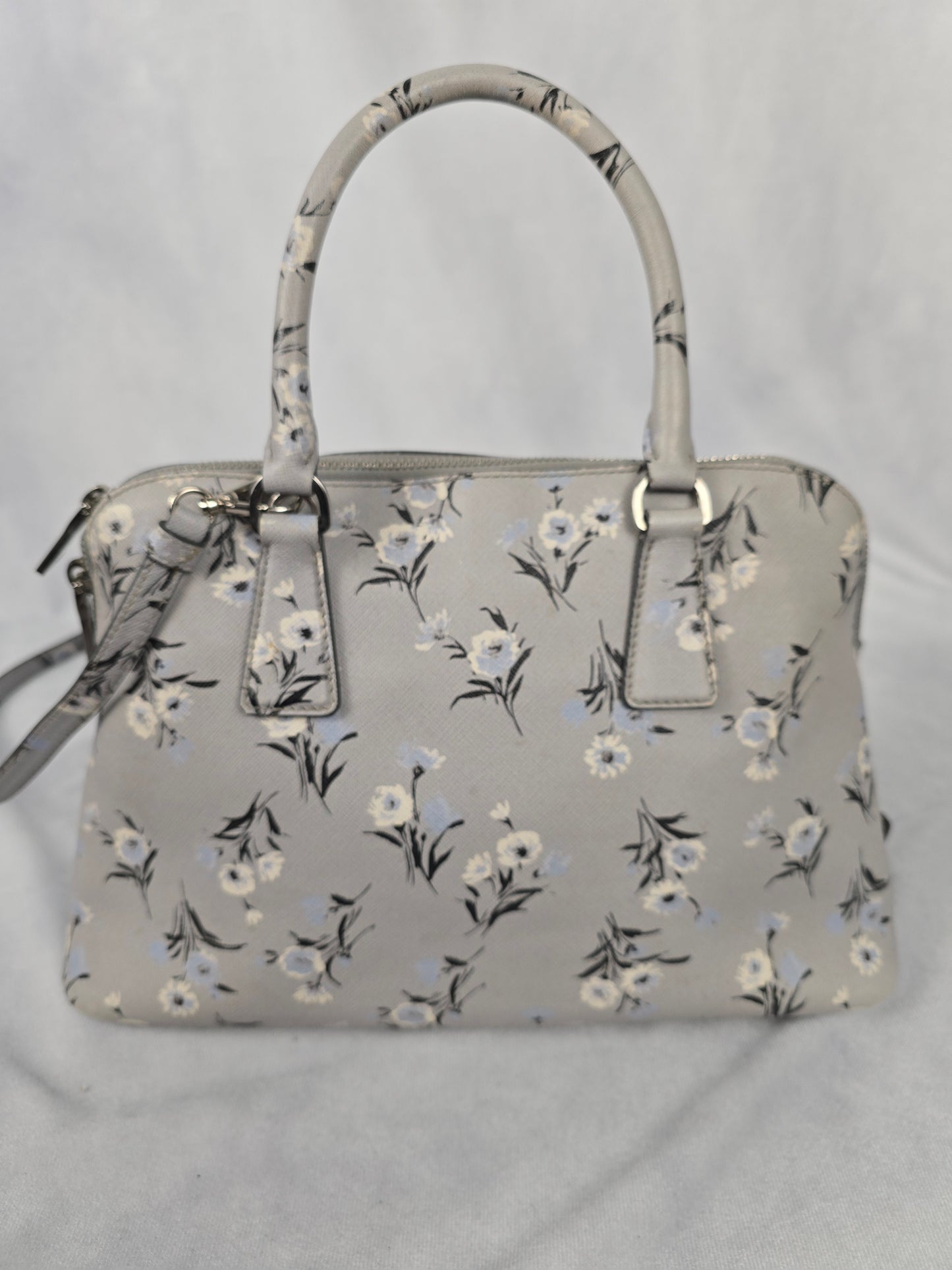 Prada Galleria Saffiano Soft  Leather Gray Floral Two-Way Hanbag