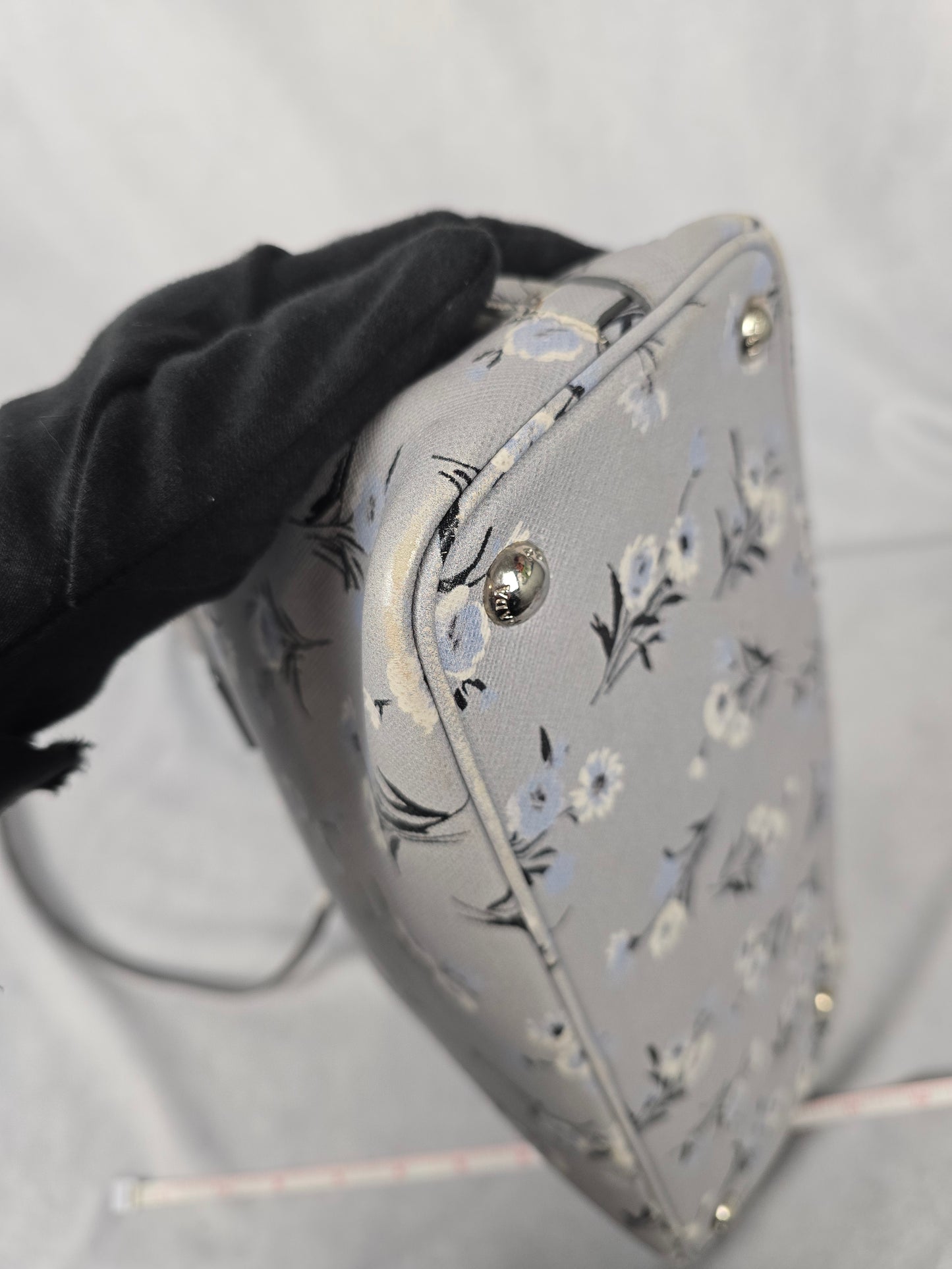 Prada Galleria Saffiano Soft  Leather Gray Floral Two-Way Hanbag