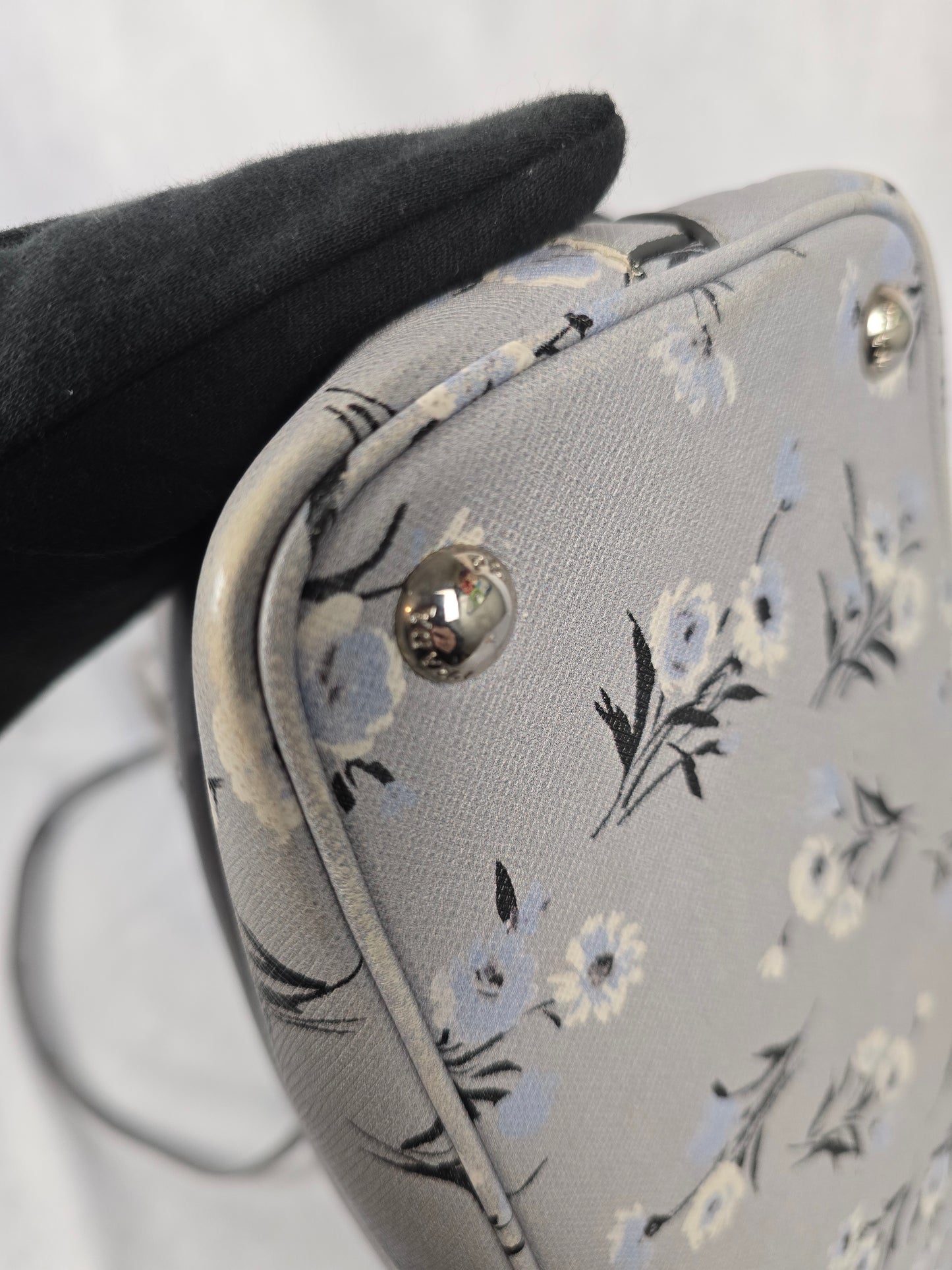 Prada Galleria Saffiano Soft  Leather Gray Floral Two-Way Hanbag