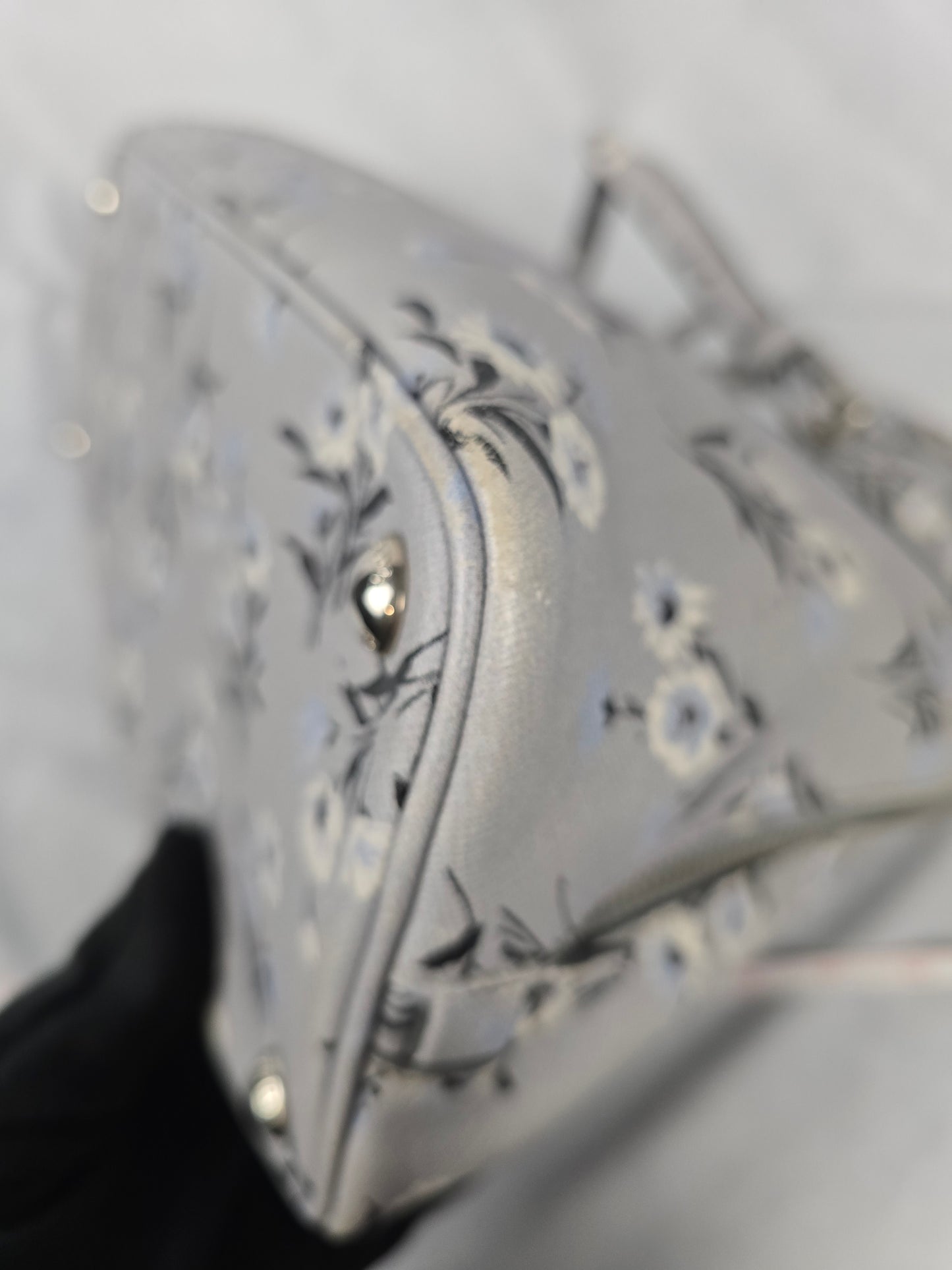 Prada Galleria Saffiano Soft  Leather Gray Floral Two-Way Hanbag