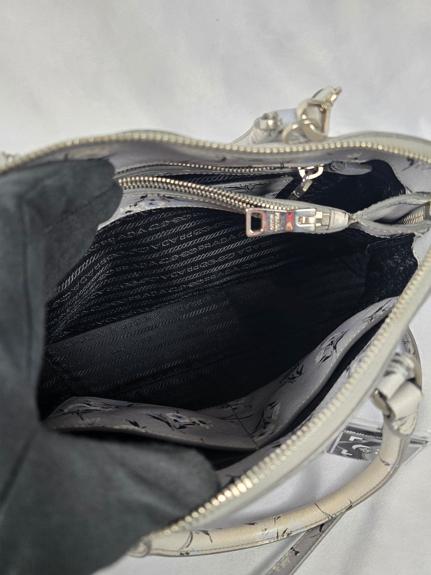 Prada Galleria Saffiano Soft  Leather Gray Floral Two-Way Hanbag