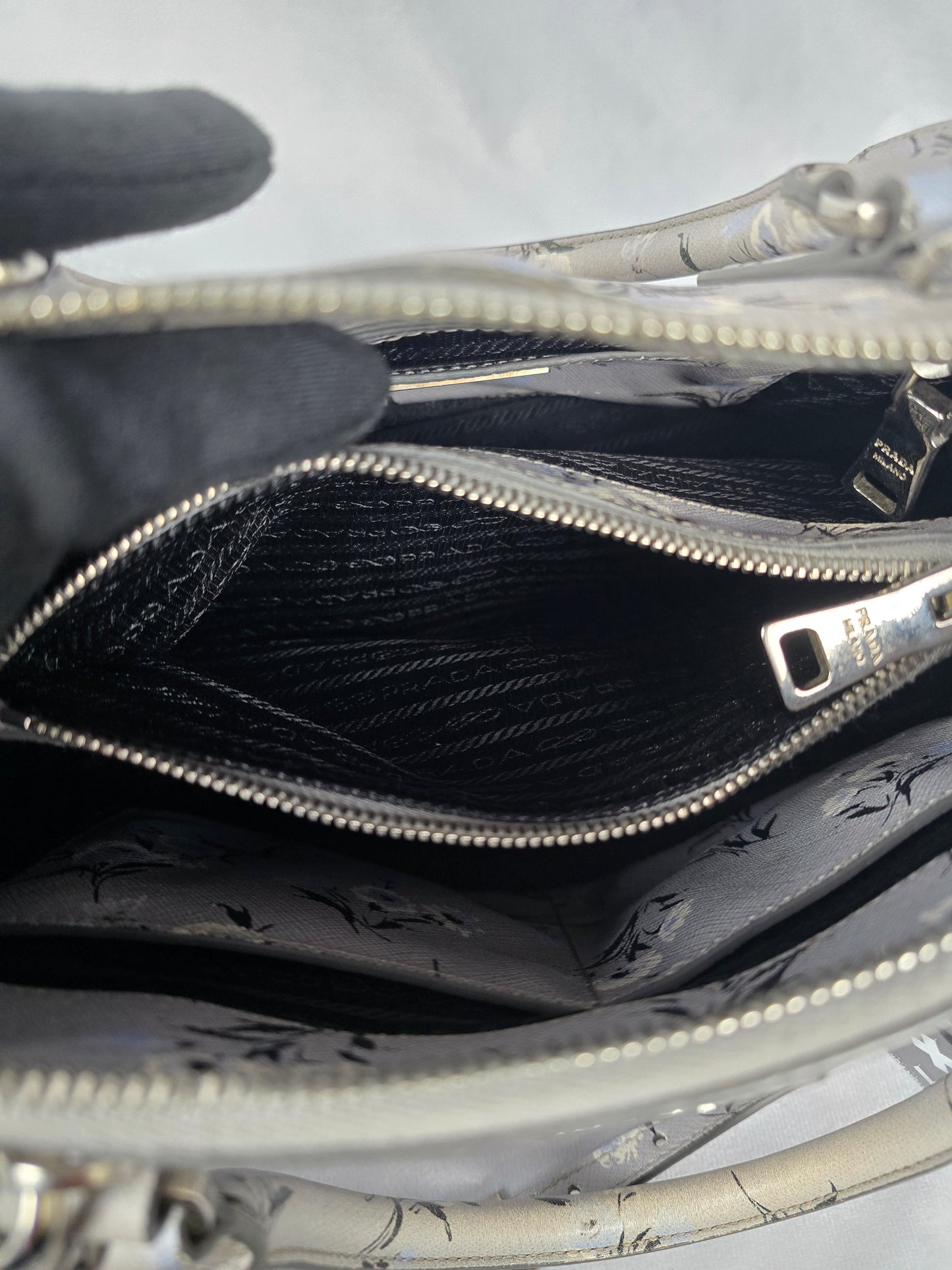 Prada Galleria Saffiano Soft  Leather Gray Floral Two-Way Hanbag