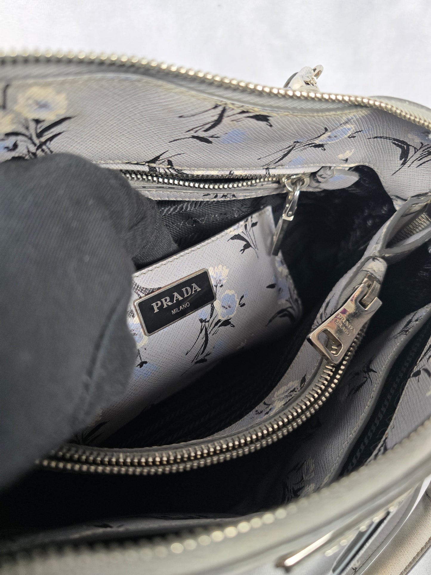Prada Galleria Saffiano Soft  Leather Gray Floral Two-Way Hanbag